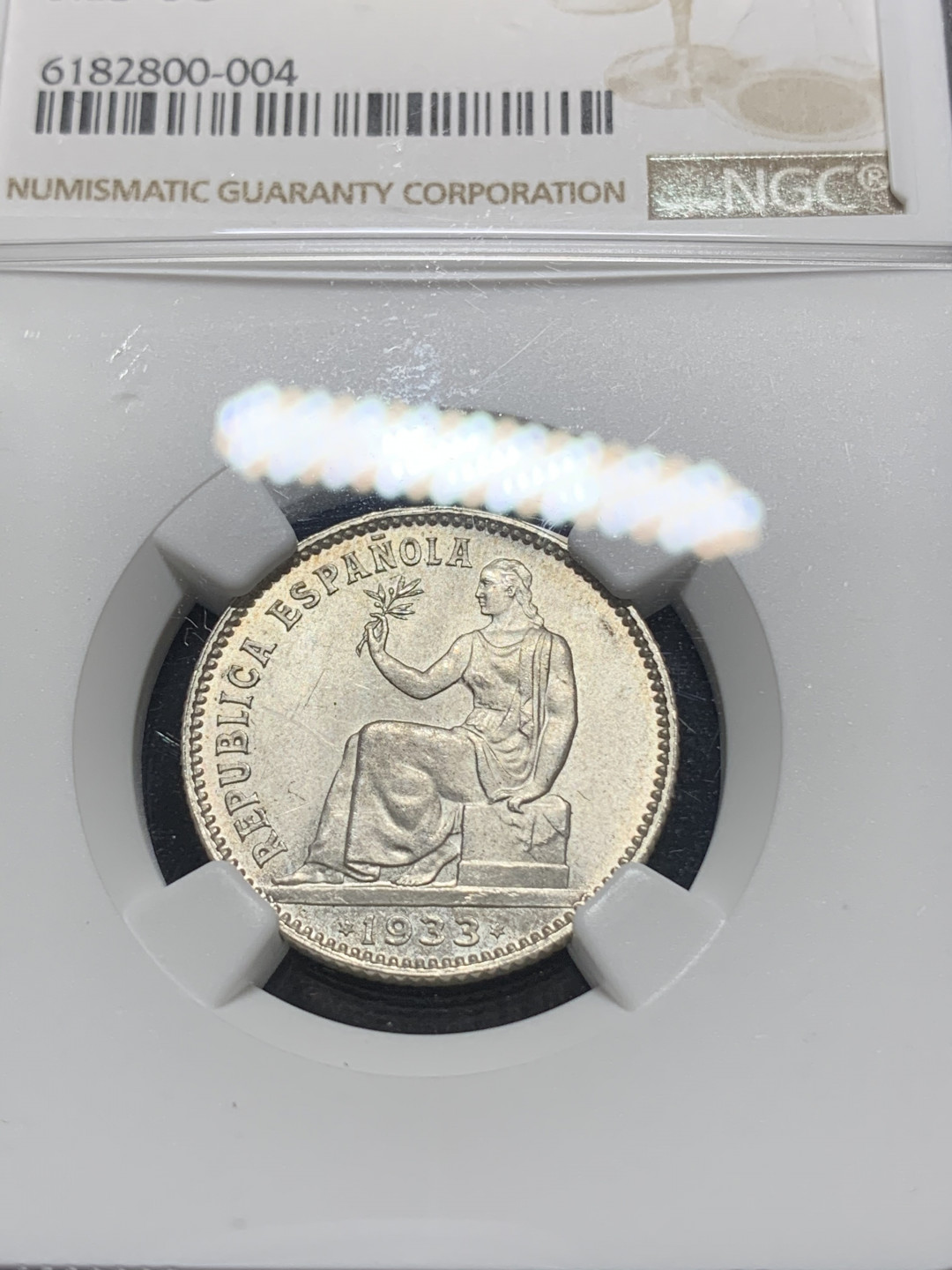 《竞宝斋》钱币微拍-第5场（0佣金包邮） NGC-MS63 西班牙1933年 坐人拿花 1比塞塔 原光 银币 好品难得