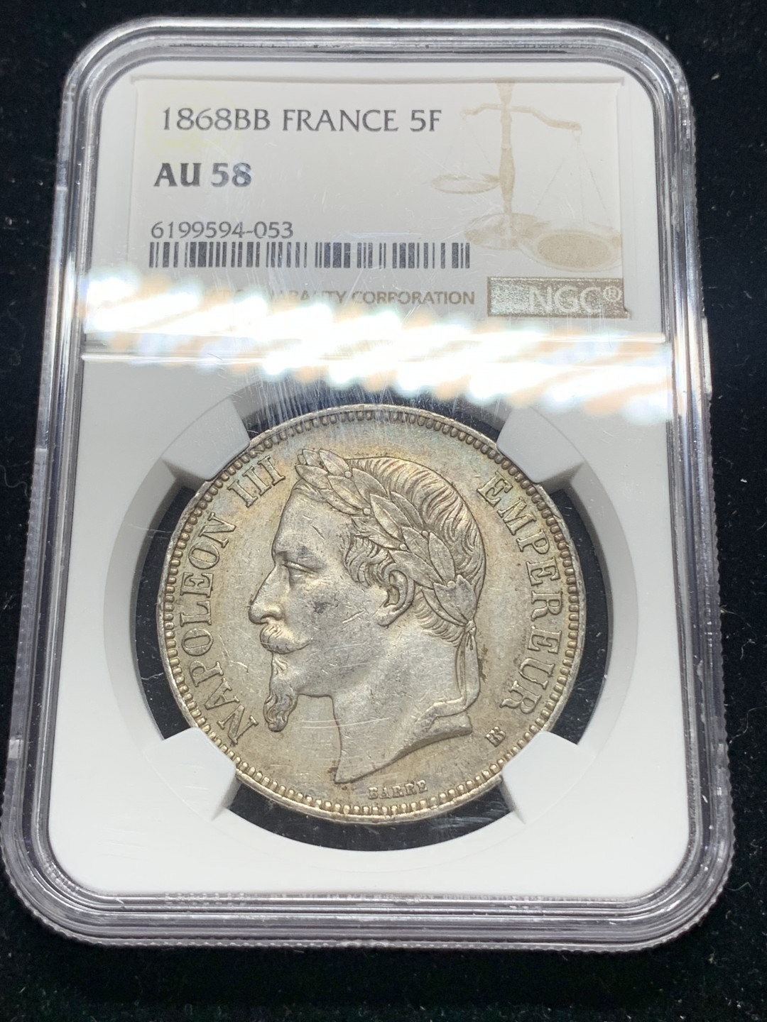 《竞宝斋》钱币微拍-第5场（0佣金包邮） NGC-AU58 法国 拿破仑三世 1868年BB 5法郎 老包浆 带彩 银币