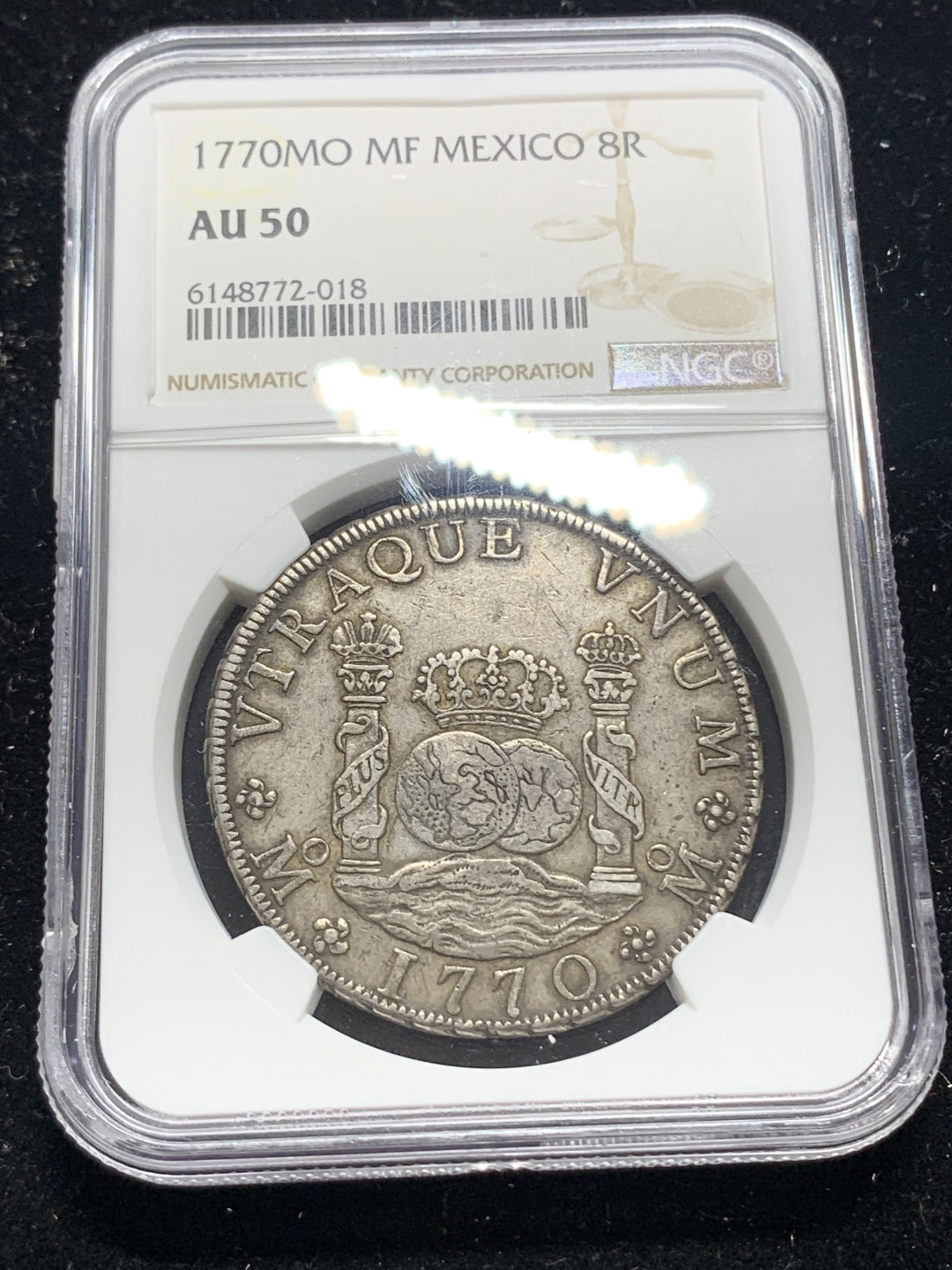 《竞宝斋》钱币微拍-第5场（0佣金包邮） NGC-AU50 墨西哥1770年 卡洛斯三世 8R 地球双柱 黑包浆 一流的味道