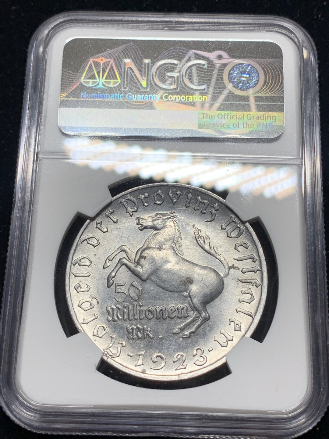 《竞宝斋》钱币微拍-第5场（0佣金包邮） NGC-MS63 德国魏玛共和国 1923年 5000万马克 大马 铝币