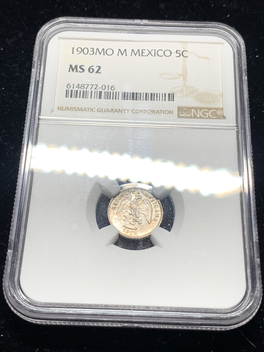 《竞宝斋》钱币微拍-第5场（0佣金包邮） NGC-MS62 墨西哥 1903年 5分 鹰洋 银币 好品小豪子难得