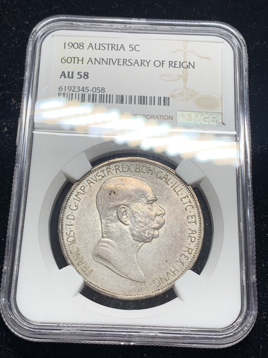 《竞宝斋》钱币微拍-第5场（0佣金包邮） NGC-AU58 奥地利 1908年 佛朗茨 5克朗 老包浆带光 银币