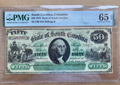 【Blue Auction】世界纸币精拍第126期——吉普赛女郎（共58拍） - 美国 南卡州 1872年50美金 双面雕刻大票幅 PMG65EPQ 绝品