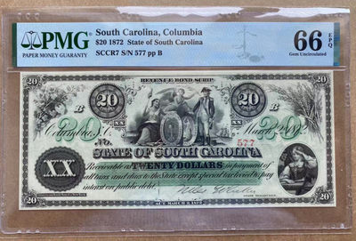 【Blue Auction】世界纸币精拍第126期——吉普赛女郎（共58拍） - 美国 南卡州 1872年20美金 双面雕刻大票幅 PMG66EPQ 绝品
