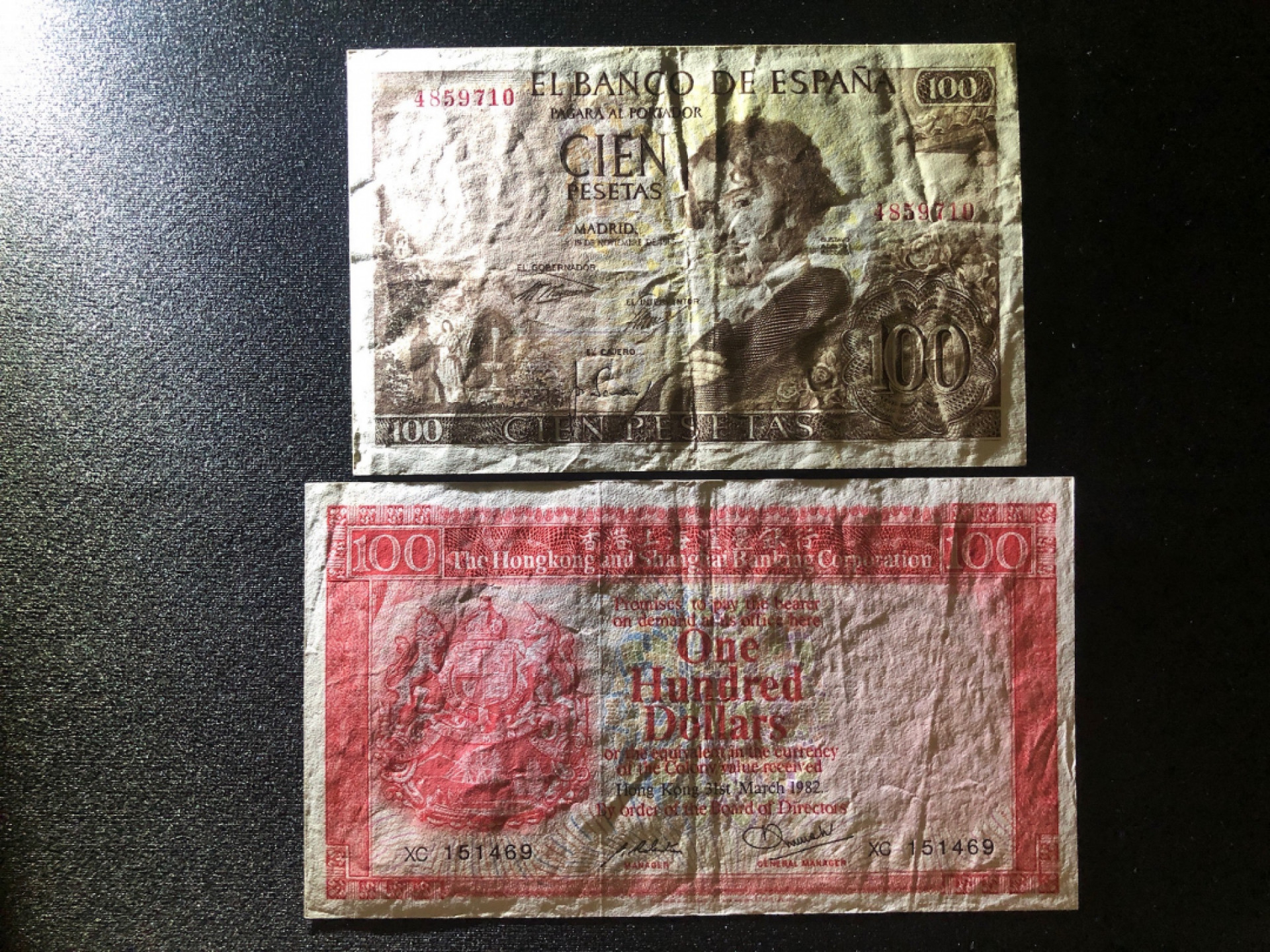 《张总收藏》37期—国庆精品 西班牙100比塞塔1965年和香港100元1982年汇丰银行 VF品相