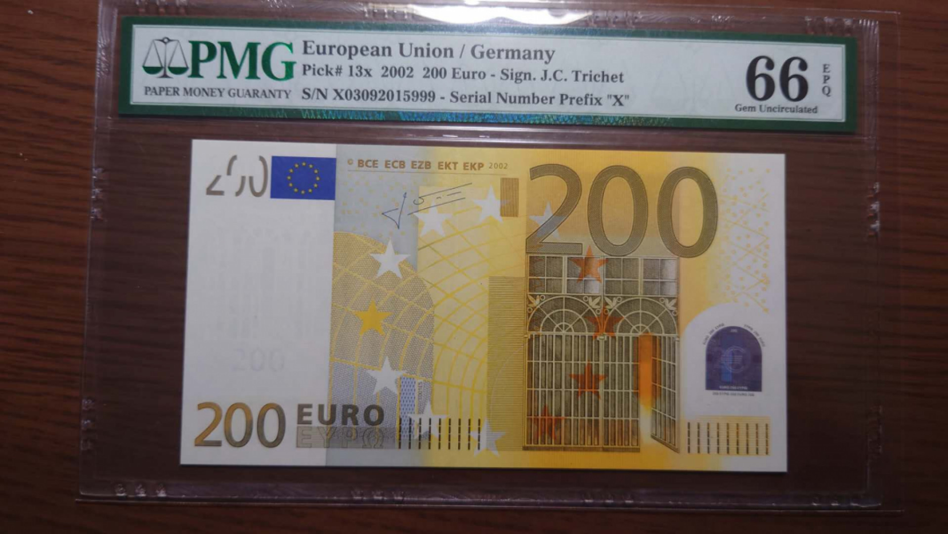 今晚八点半【囧羊收藏】精选微拍第38期暨2021年第二十九期 评级裸钞混合场 【已售出勿拍】2002年200欧元（二签）全程无47豹子号999 PMG66E