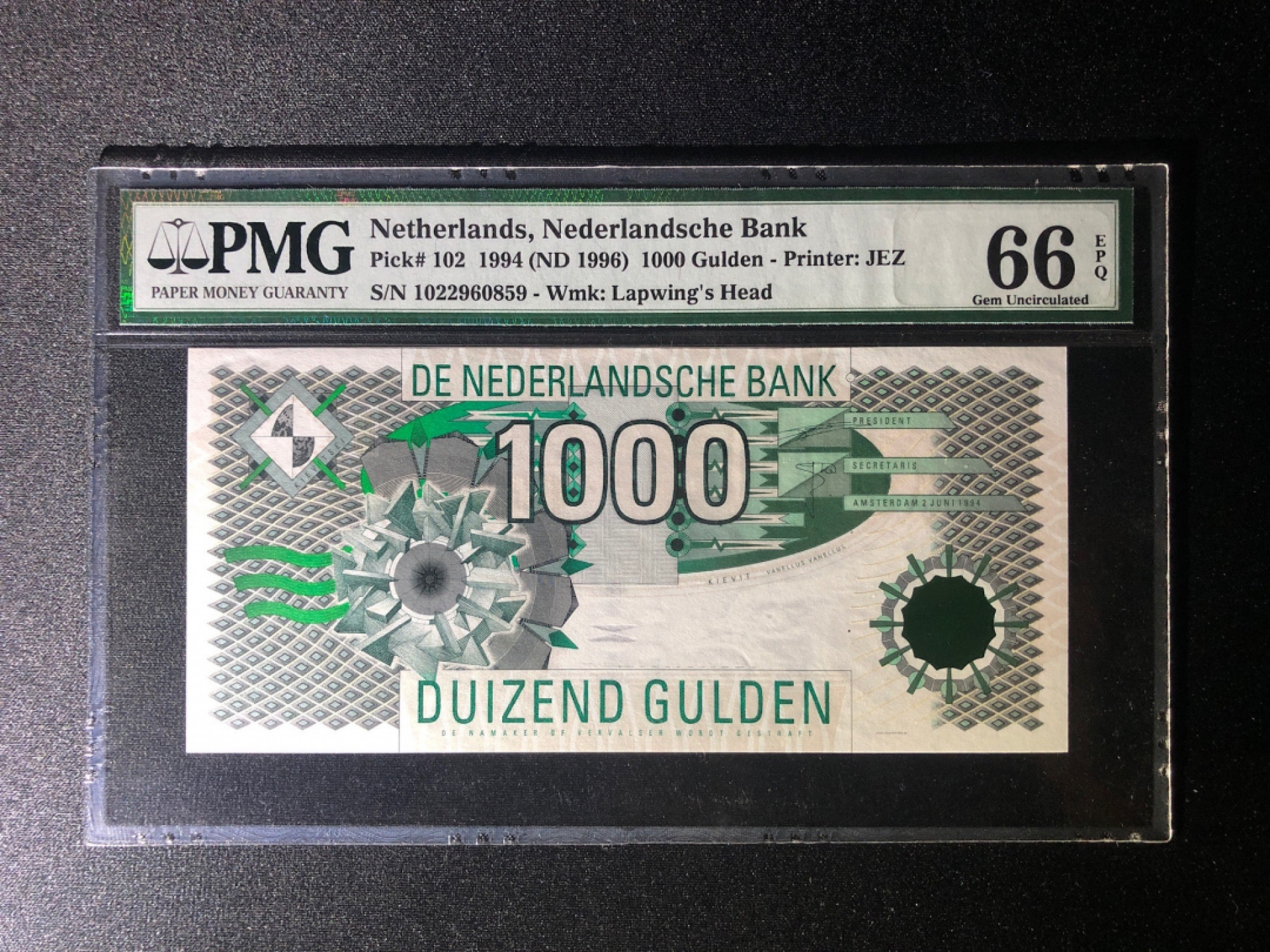 《张总收藏》37期—国庆精品 荷兰1000盾 PMG66E 无47大齿轮 最大面值 1994年