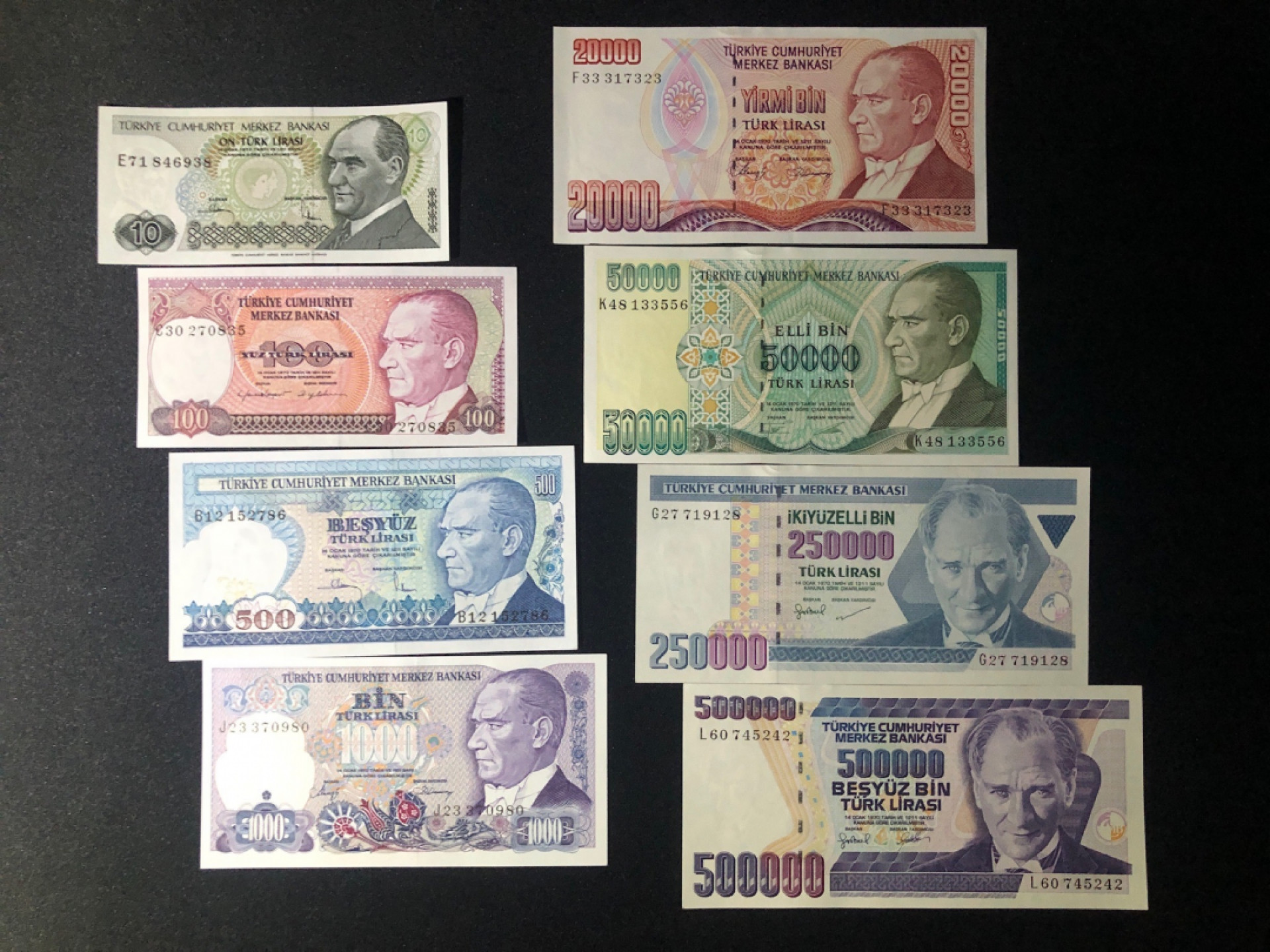 《张总收藏》37期—国庆精品 土耳其里拉8张 10-500000里拉 UNC 1970年版本