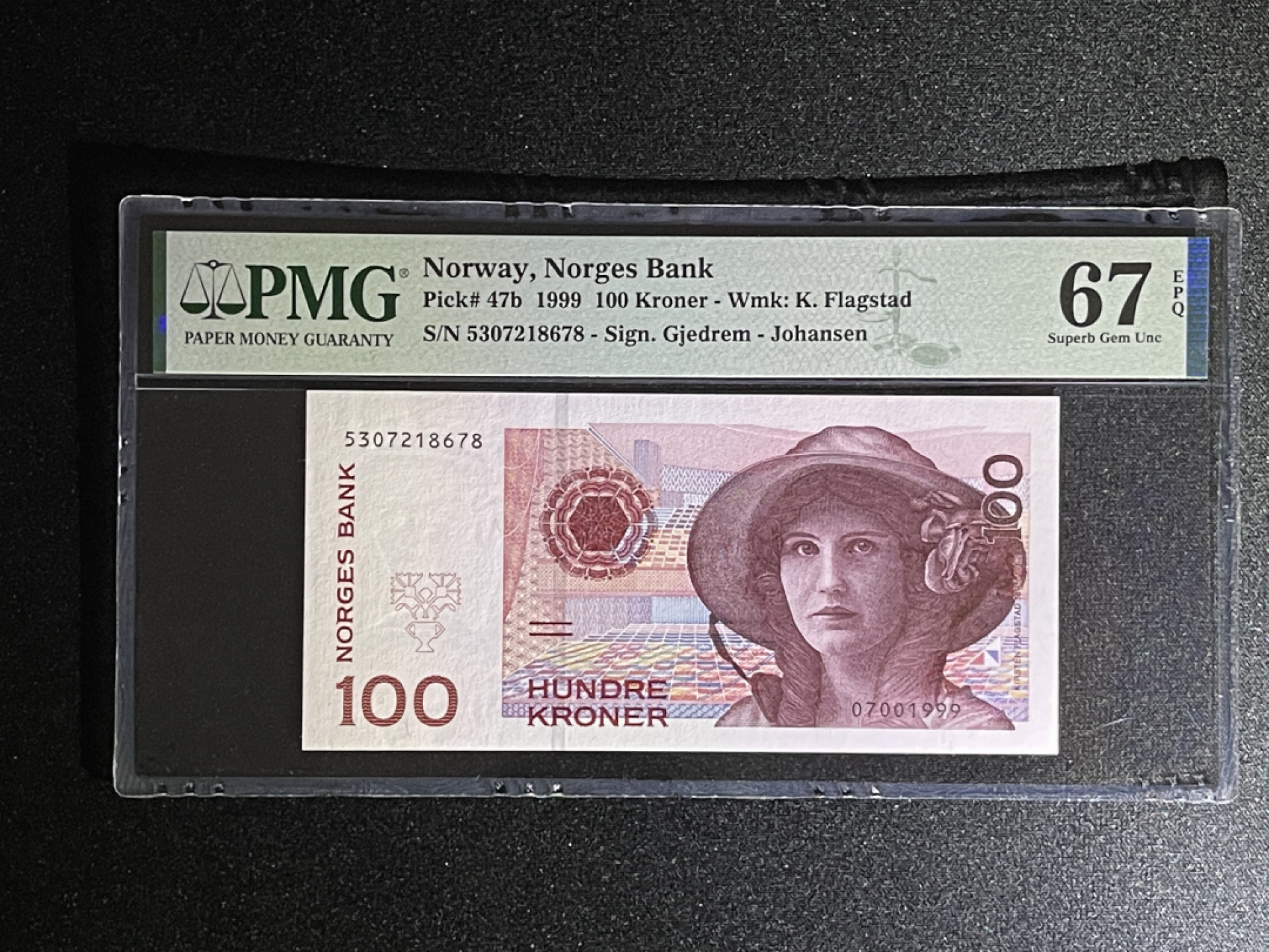 《张总收藏》37期—国庆精品 挪威100克朗 PMG67E 初版高分 无全息版本 1999年 挪威女高音歌唱家基尔斯腾