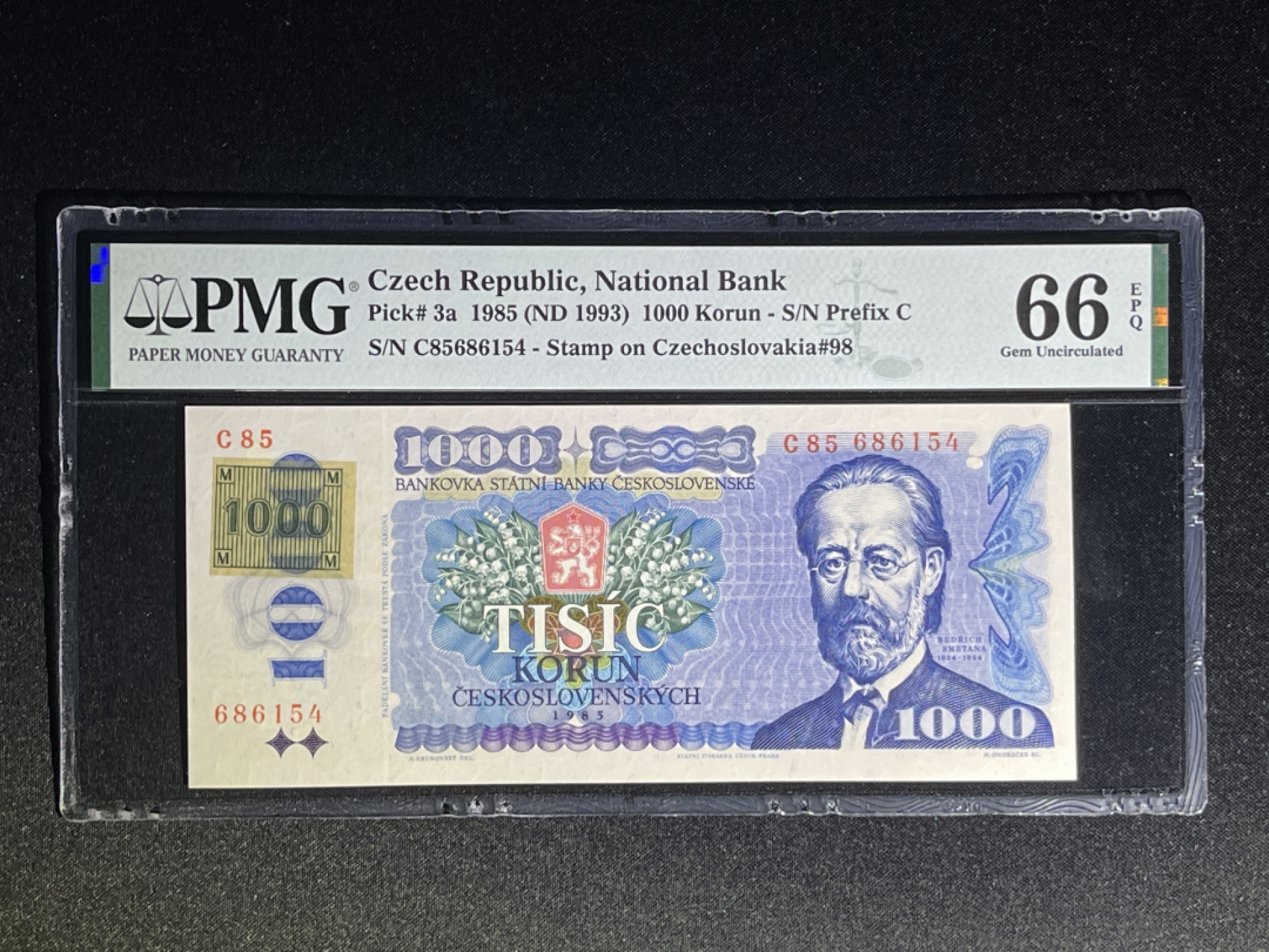 《张总收藏》37期—国庆精品 捷克1000克朗 PMG66E 捷斯解体后末版加盖邮票版本 P-3a