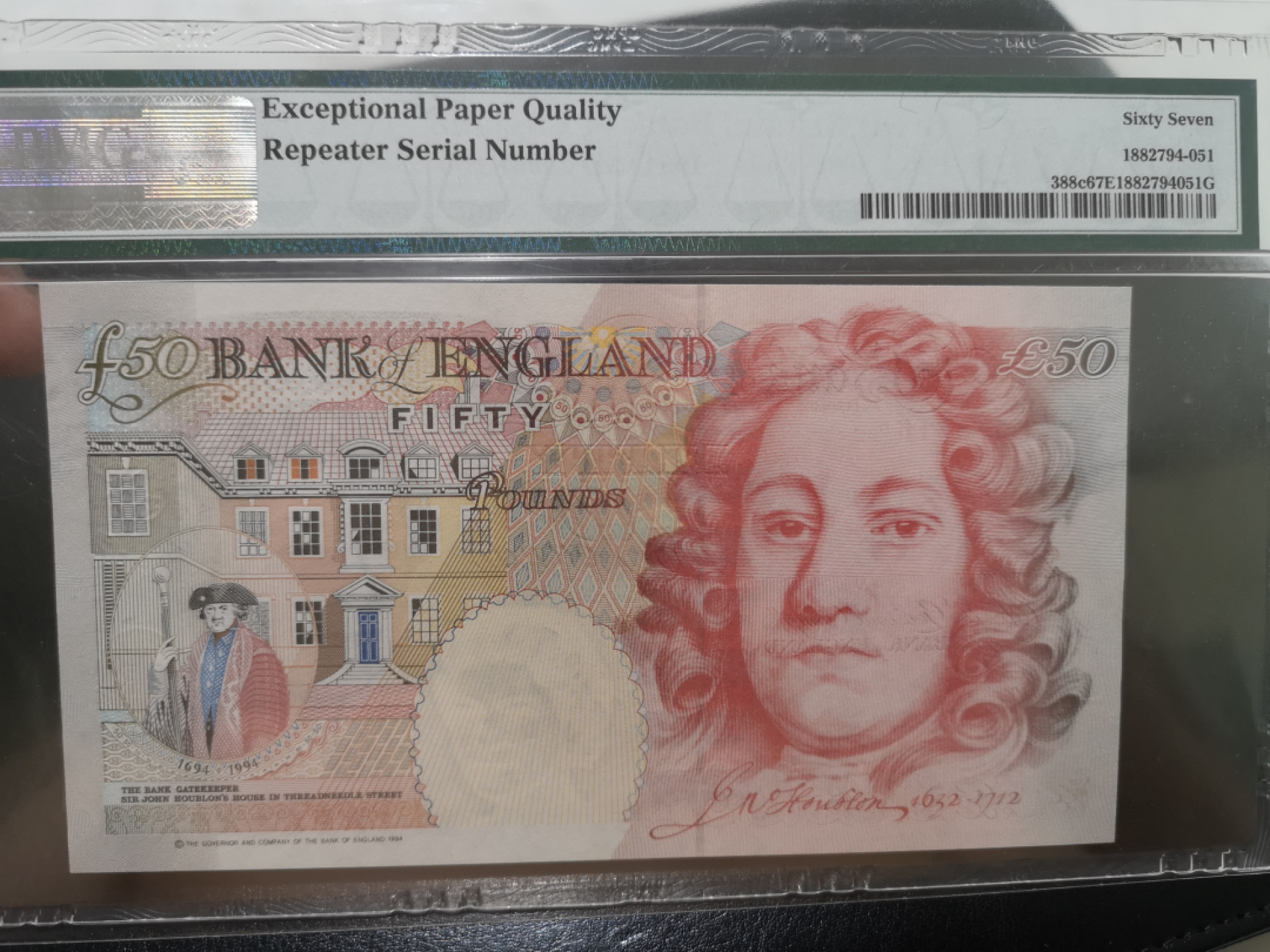《外钞收藏家》第一百三十期拍卖 1994年英国E序列50镑 PMG67  316重复号 重复号 重复号 