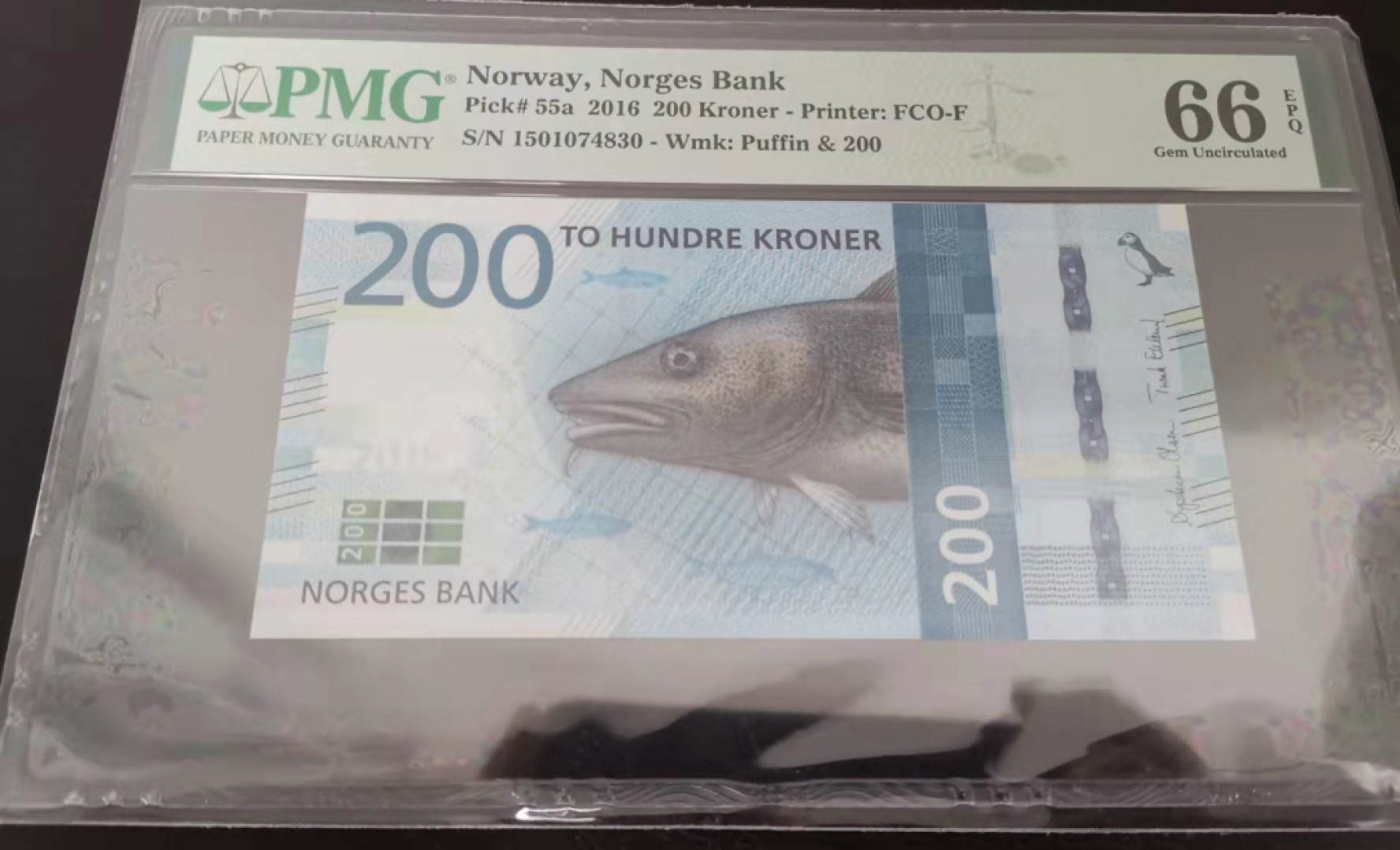 《张总收藏》37期—国庆精品 2016年挪威200克朗PMG66鳕鱼