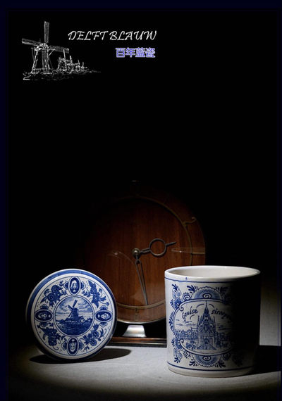 顺兴如意欧洲古董馆 - DELFT（代尔夫特）青花瓷豪达圣扬教堂纹饰储物罐（收纳罐、烟丝罐、茶叶罐）摆件