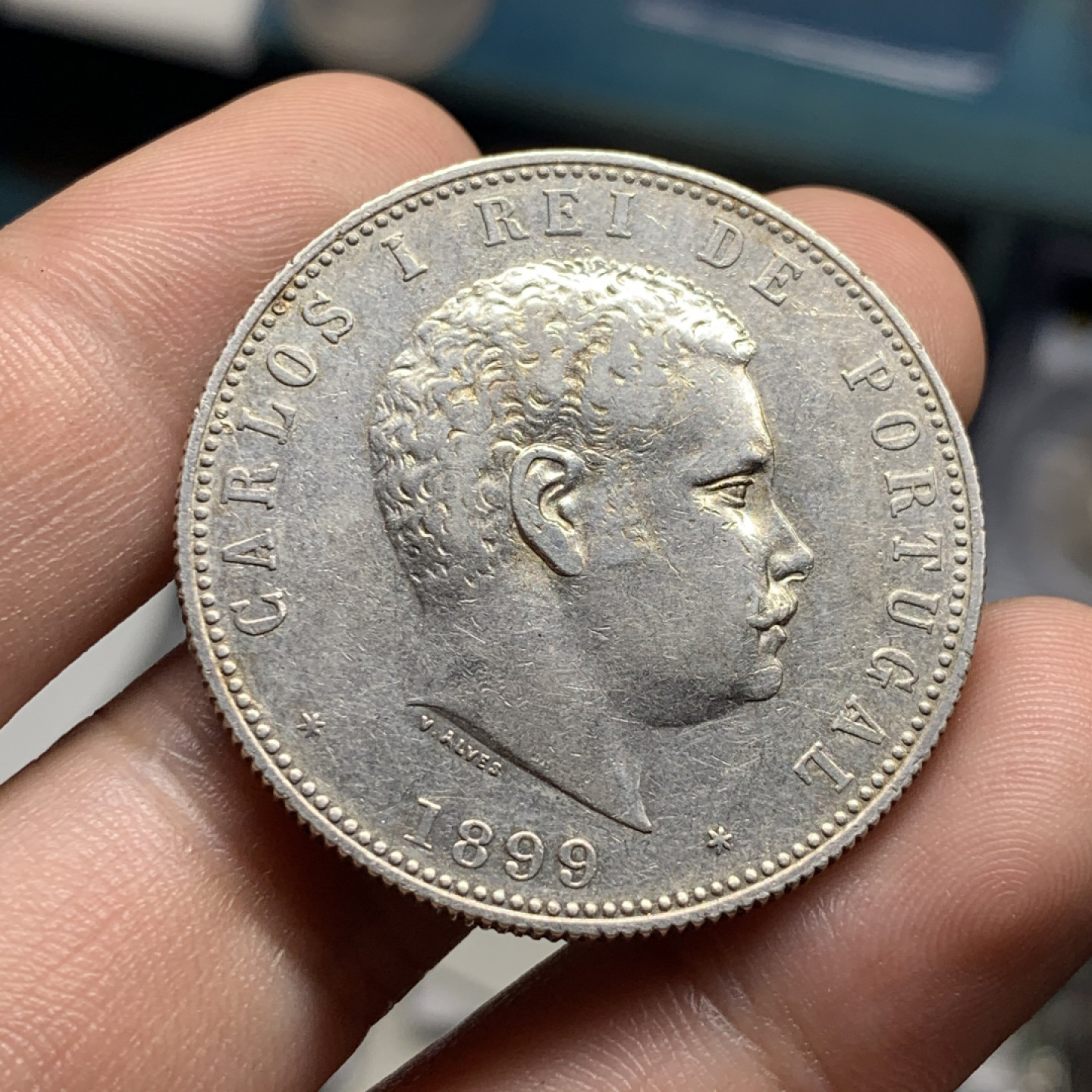 《竞宝斋》钱币微拍-第7场（不限金额顺丰包邮） 好品相 1899 葡萄牙卡洛斯一世 1000 瑞斯大银币 24.7g，37.4mm