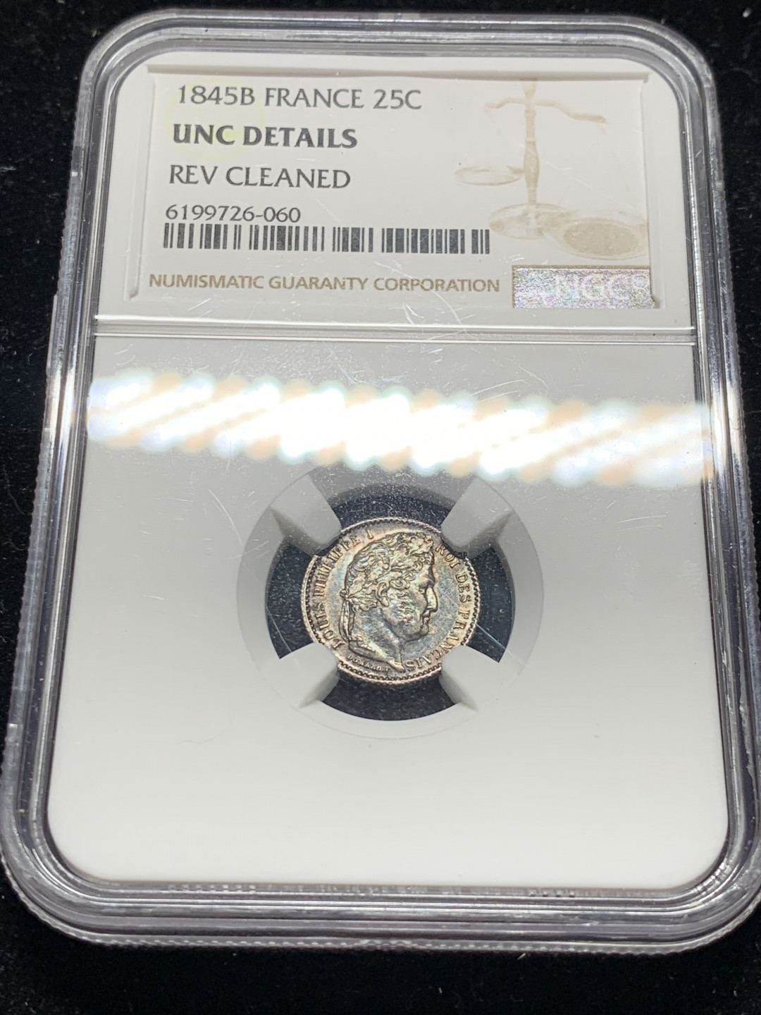 《竞宝斋》钱币微拍-第7场（不限金额顺丰包邮） NGC UNC 法国 1845年 菲利普一世 25分 银币 五彩包浆 细节一流 NGC就是不给分