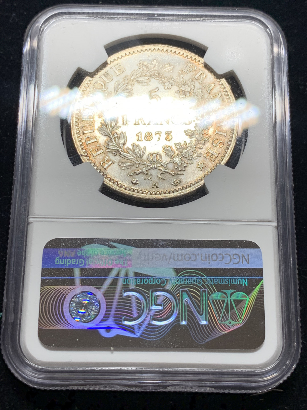 《竞宝斋》钱币微拍-第7场（不限金额顺丰包邮） NGC UNC评级 法国1873年 大力神 3P 5法郎银币 除了没分啥都好