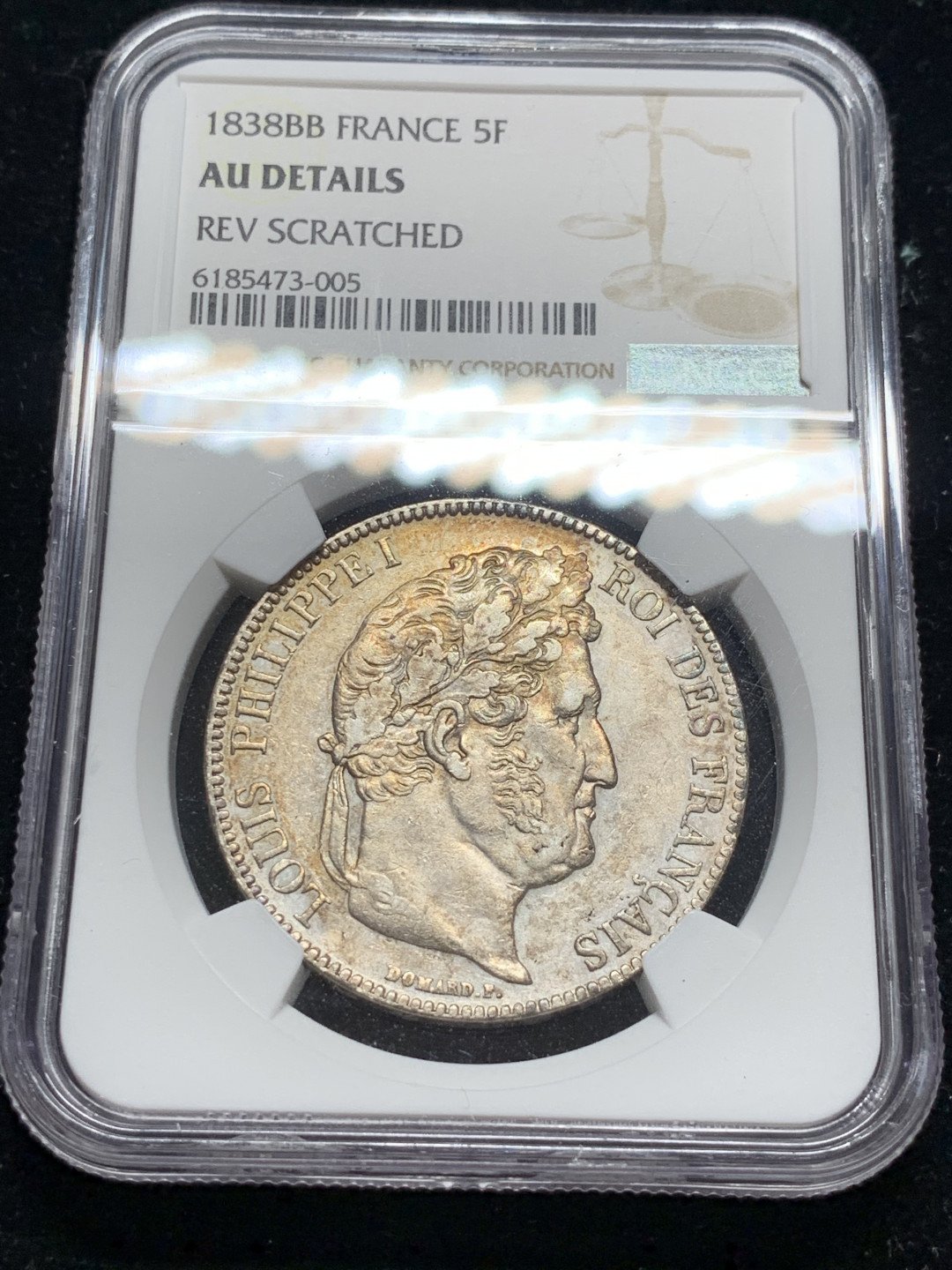 《竞宝斋》钱币微拍-第7场（不限金额顺丰包邮） NGC AU评级 法国 1838年 BB版 菲利浦 5法郎银币 淡彩底光