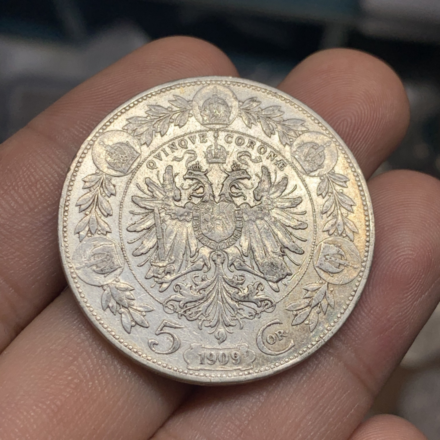 《竞宝斋》钱币微拍-第7场（不限金额顺丰包邮） 奥地利 1909年 佛朗茨双头鹰 5克朗 大银币 23.7g，36mm直径