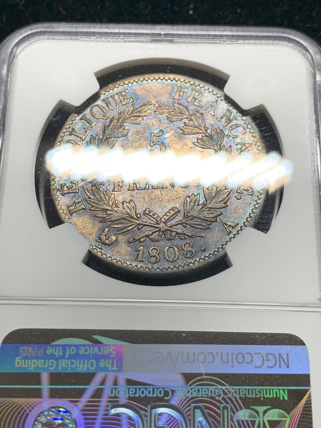 《竞宝斋》钱币微拍-第7场（不限金额顺丰包邮） NGC XF 法国 1808年 拿破仑一世 5法郎 银币 较少年份