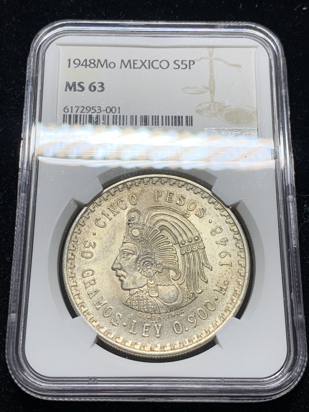 《竞宝斋》钱币微拍-第7场（不限金额顺丰包邮） NGC MS63 墨西哥 1948年 玛雅人 5比索大银币 900高银