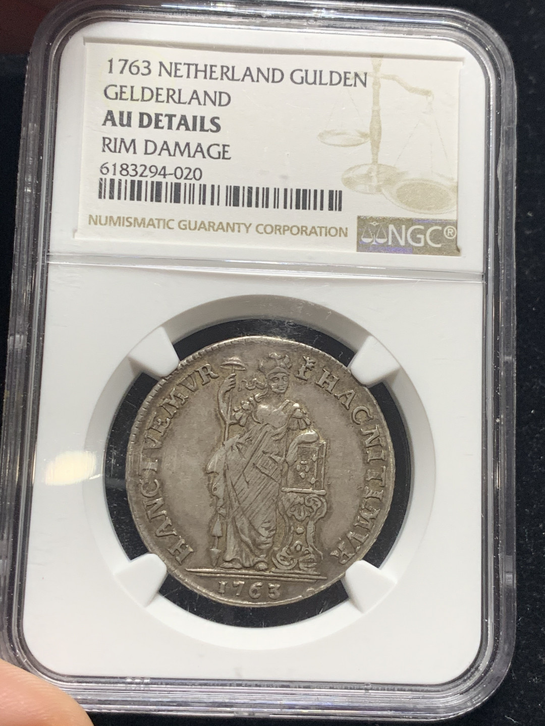 《竞宝斋》钱币微拍-第7场（不限金额顺丰包邮） NGC AU 荷兰 1763年 站人 1盾 银币 原味老包浆