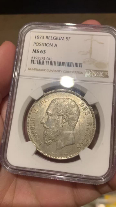 《竞宝斋》钱币微拍-第7场（不限金额顺丰包邮） NGC MS63 比利时 1873年 利奥波德二世 5法郎 原光银币