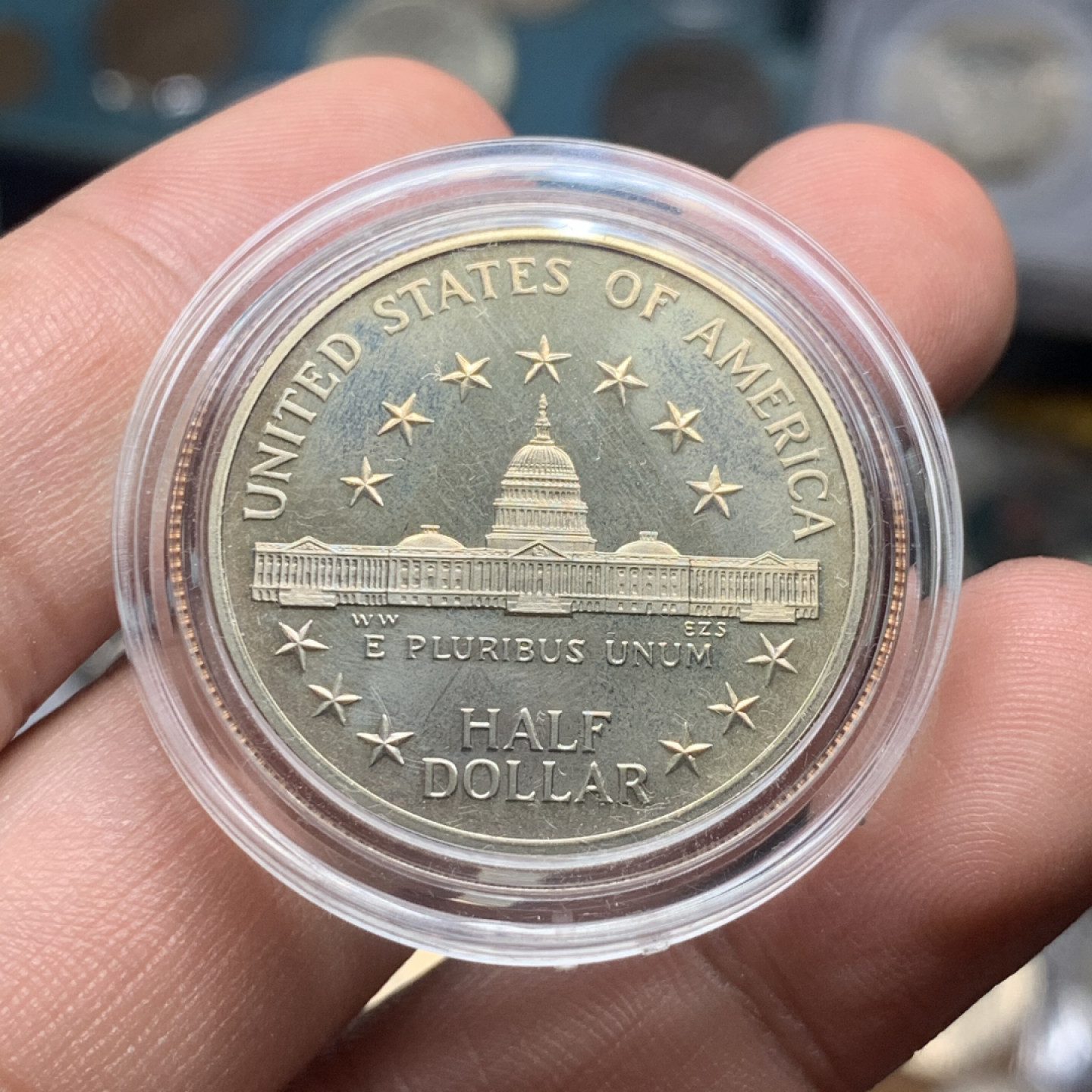 《竞宝斋》钱币微拍-第7场（不限金额顺丰包邮） 美国 1989年 “我们相信上帝” 1元银币 和 半圆镍币 精制 原盒证书 非常完美