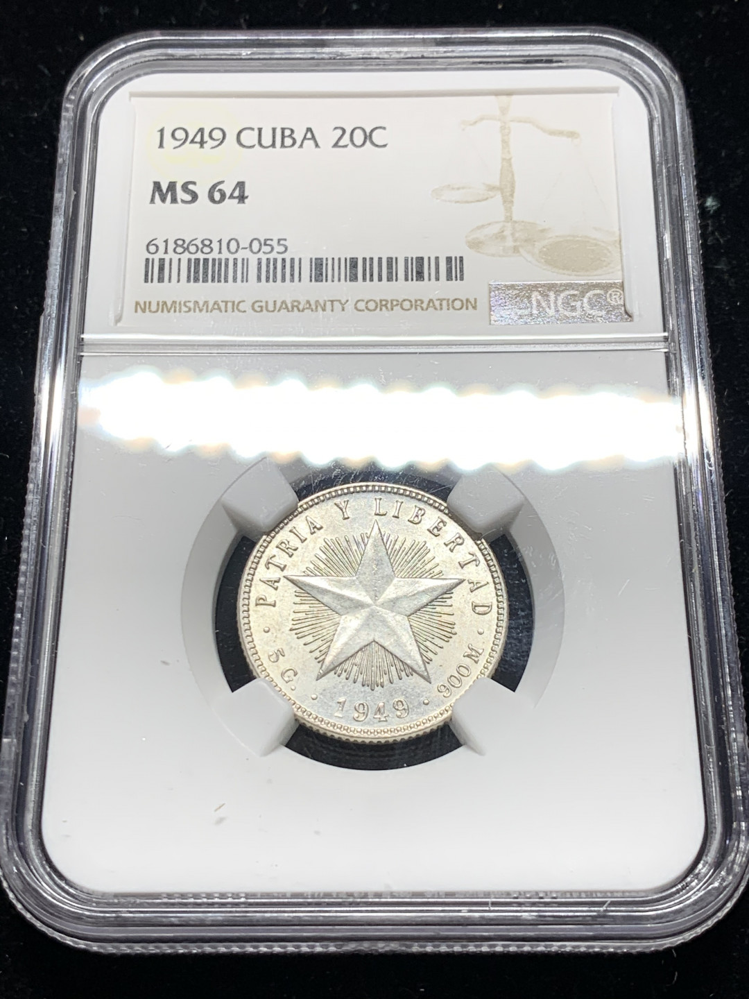 《竞宝斋》钱币微拍-第7场（不限金额顺丰包邮） NGC MS64 古巴 1949年 大五星 20分 银币 高分品 热门品种