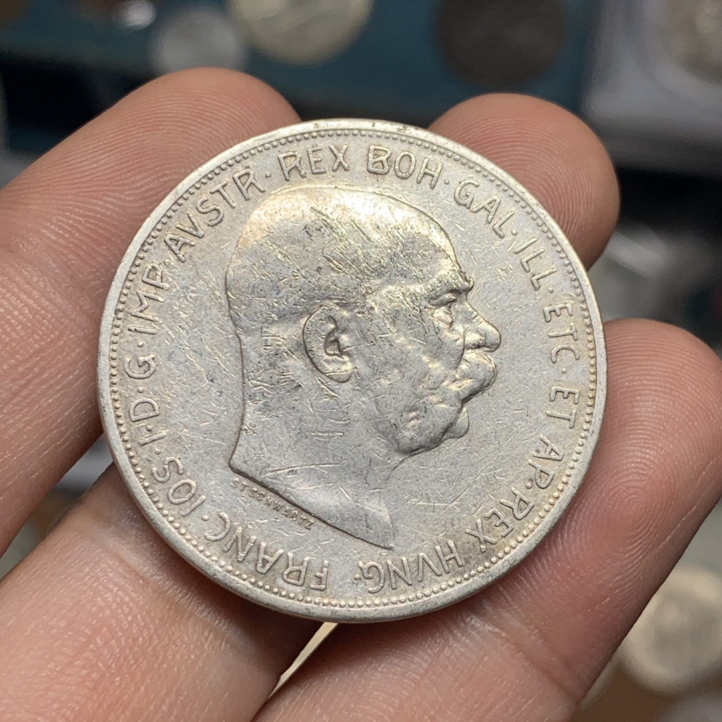 《竞宝斋》钱币微拍-第7场（不限金额顺丰包邮） 奥地利 1909年 佛朗茨双头鹰 5克朗 大银币 23.7g，36mm直径