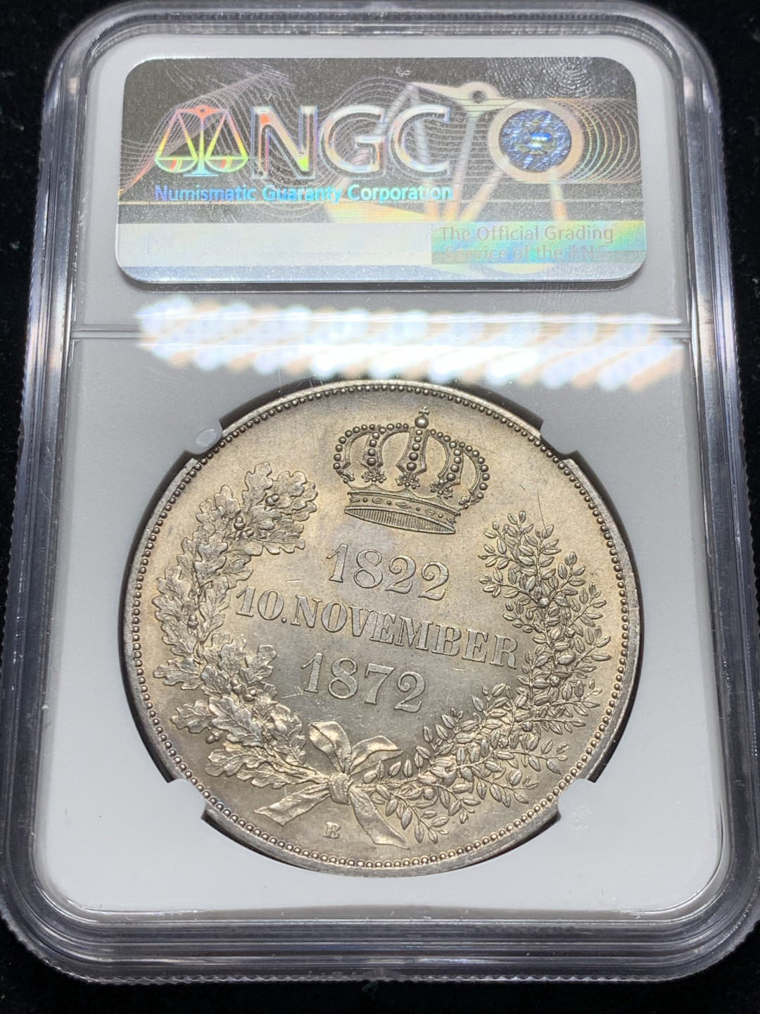 《竞宝斋》钱币微拍-第7场（不限金额顺丰包邮） NGC MS62 德国萨克森 1872年 金婚 2泰勒 大银币 转光原味 少见品种