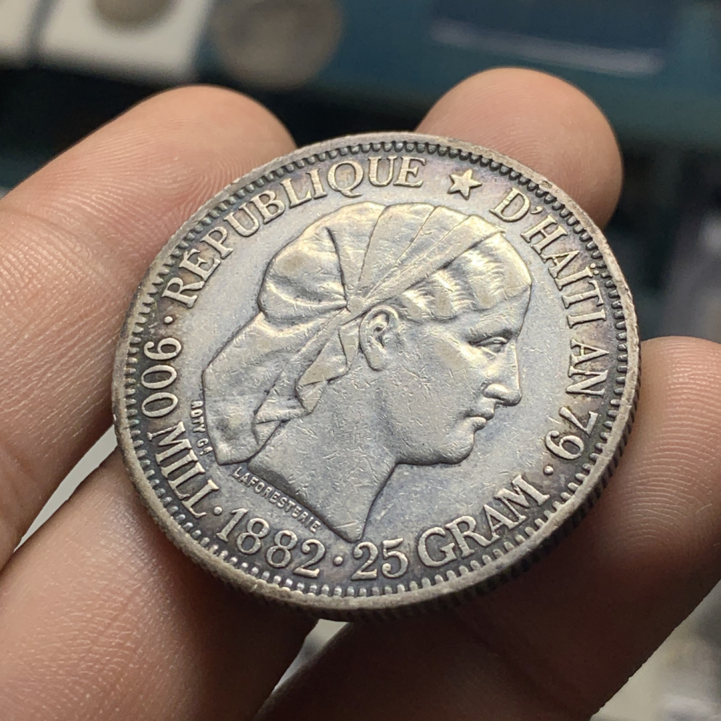 《竞宝斋》钱币微拍-第7场（不限金额顺丰包邮） 好品相 海地 1882年 1古德 自由女神大银币 24.9g，37.6mm