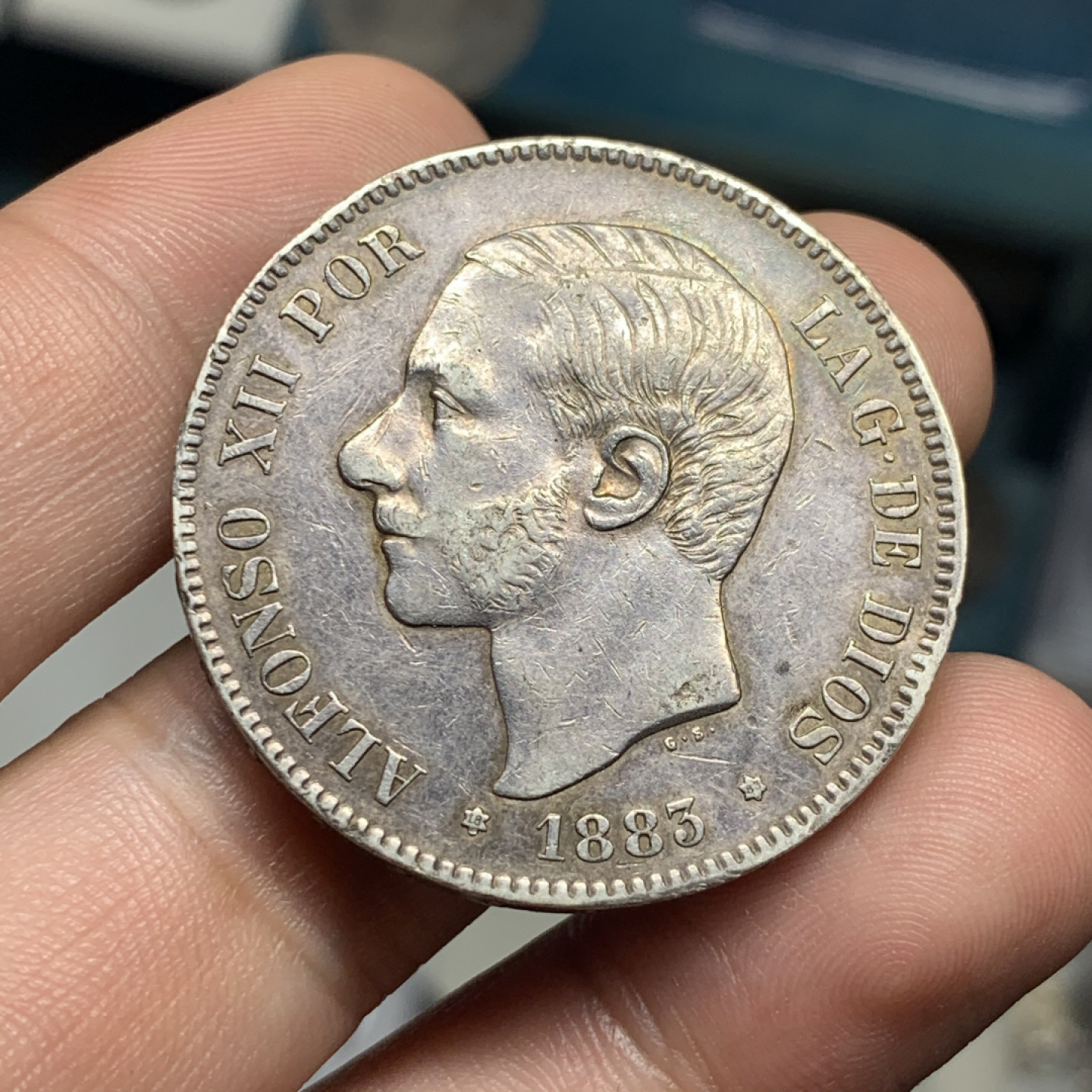 《竞宝斋》钱币微拍-第7场（不限金额顺丰包邮） 西班牙 1883年 阿方索十二世 5比塞塔 大银币 重：24.8g 直径：37.4mm