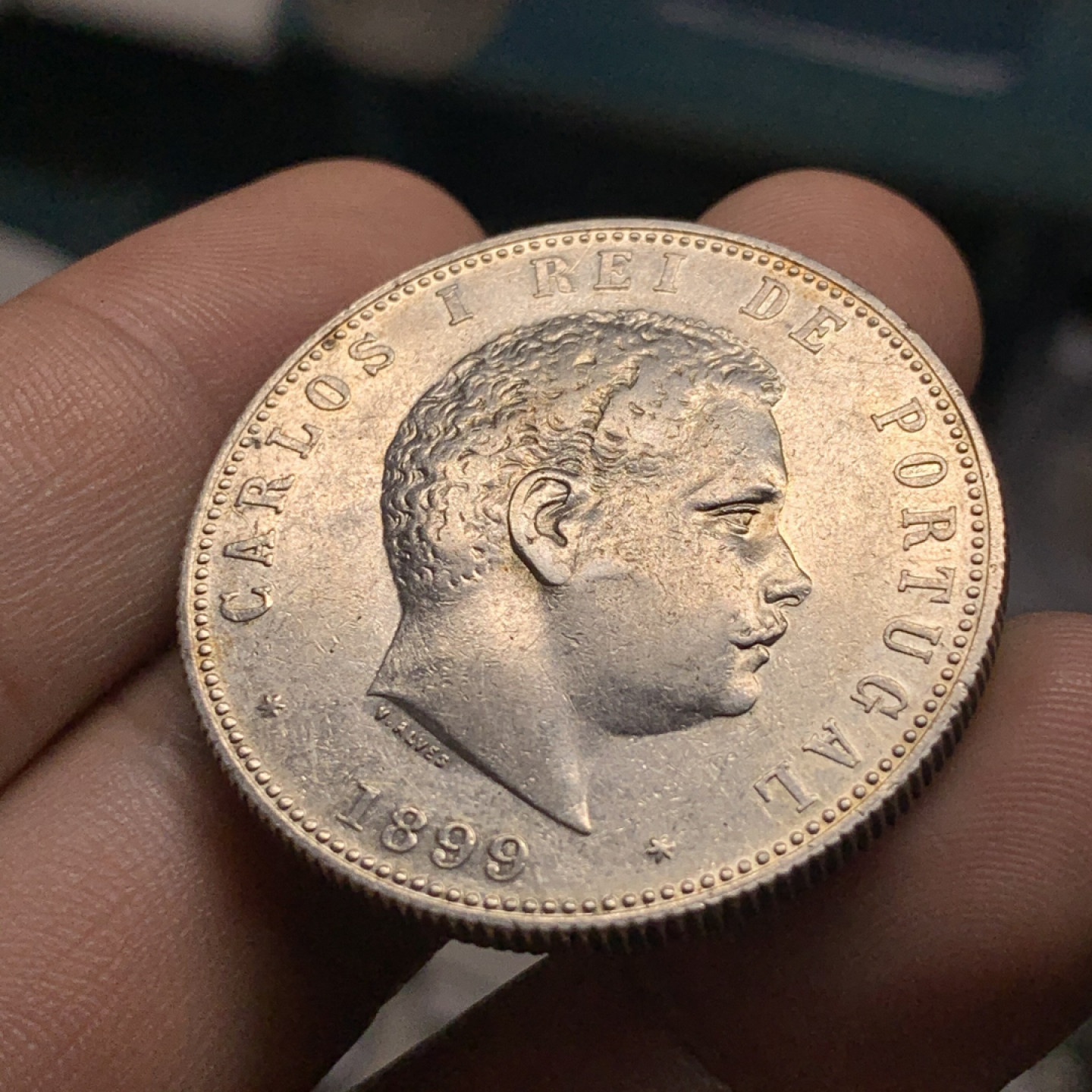《竞宝斋》钱币微拍-第7场（不限金额顺丰包邮） 好品相 1899 葡萄牙卡洛斯一世 1000 瑞斯大银币 24.7g，37.4mm