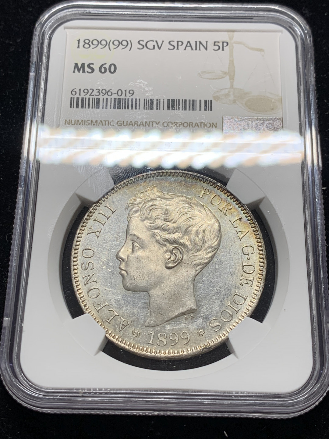 《竞宝斋》钱币微拍-第7场（不限金额顺丰包邮） NGC MS60 西班牙 1899年 双柱 5比塞塔 原光银币 较少年份