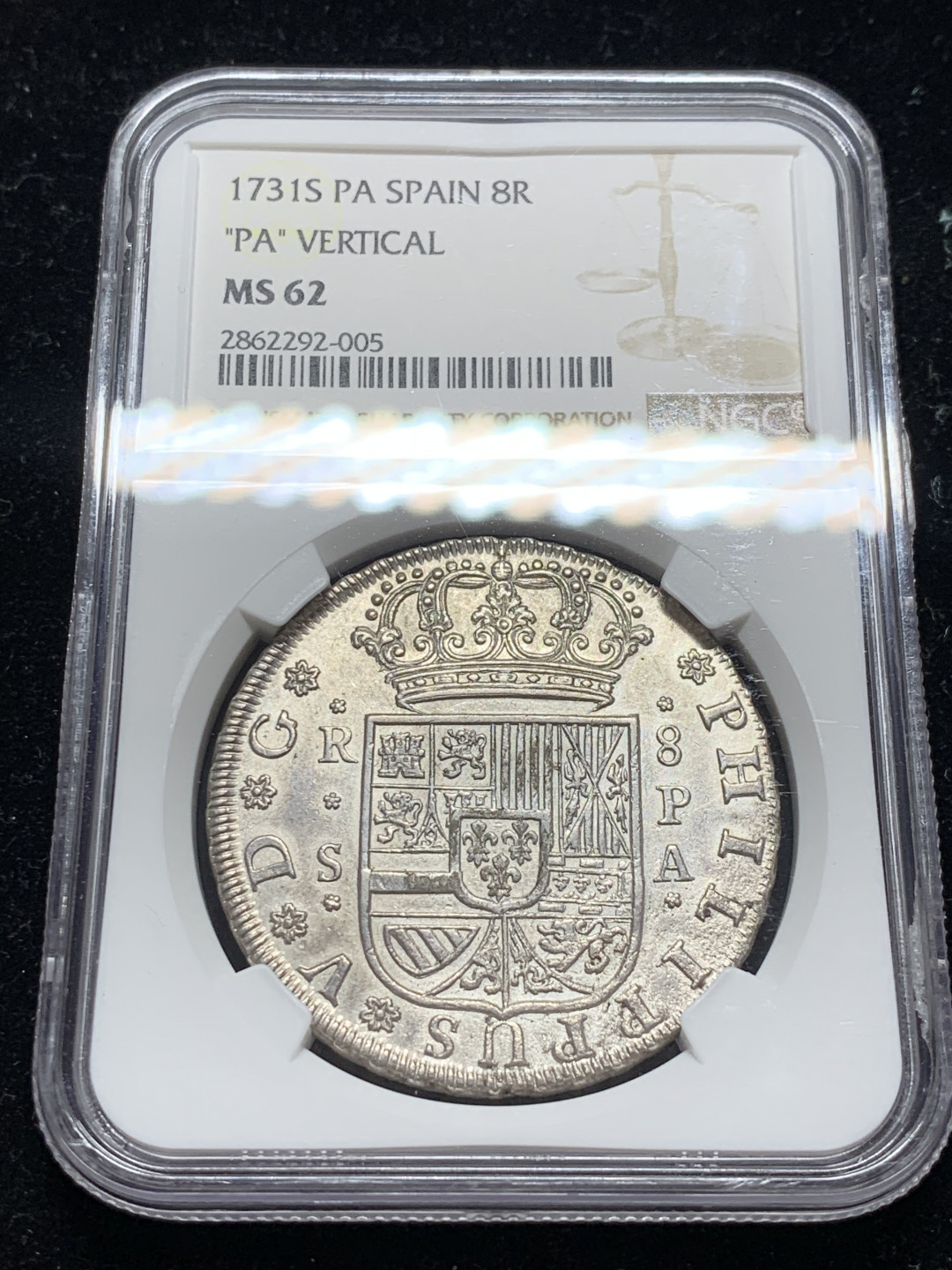 《竞宝斋》钱币微拍-第7场（不限金额顺丰包邮） NGC-MS62 西班牙塞维利亚 1731年 8R 十字大银币 原光美国严评 HA最近十年只查到一枚AU50（1170美金成交）西属重器