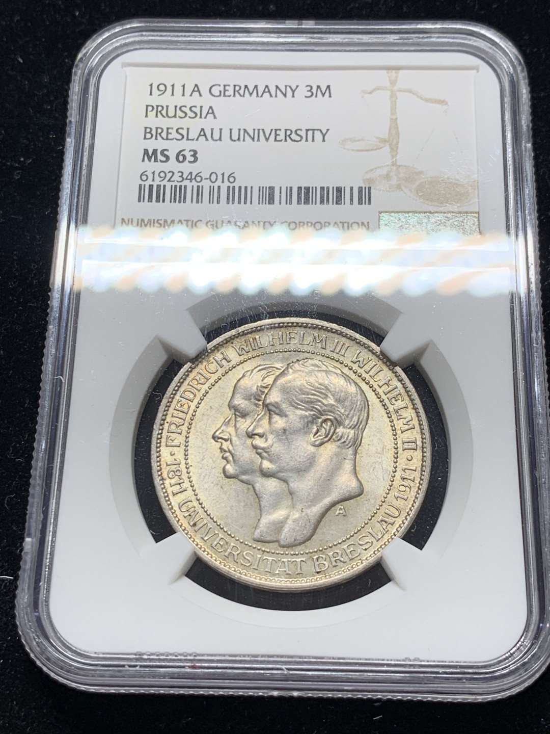 《竞宝斋》钱币微拍-第7场（不限金额顺丰包邮） NGC MS63 德国普鲁士 1911年 布莱斯劳大学 3马克 银币