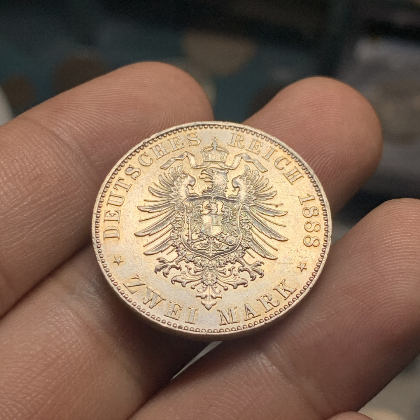 《竞宝斋》钱币微拍-第7场（不限金额顺丰包邮） 德国普鲁士 1888年 三皇年弗雷德里希 2马克 好品银币 10.8g，27.8mm