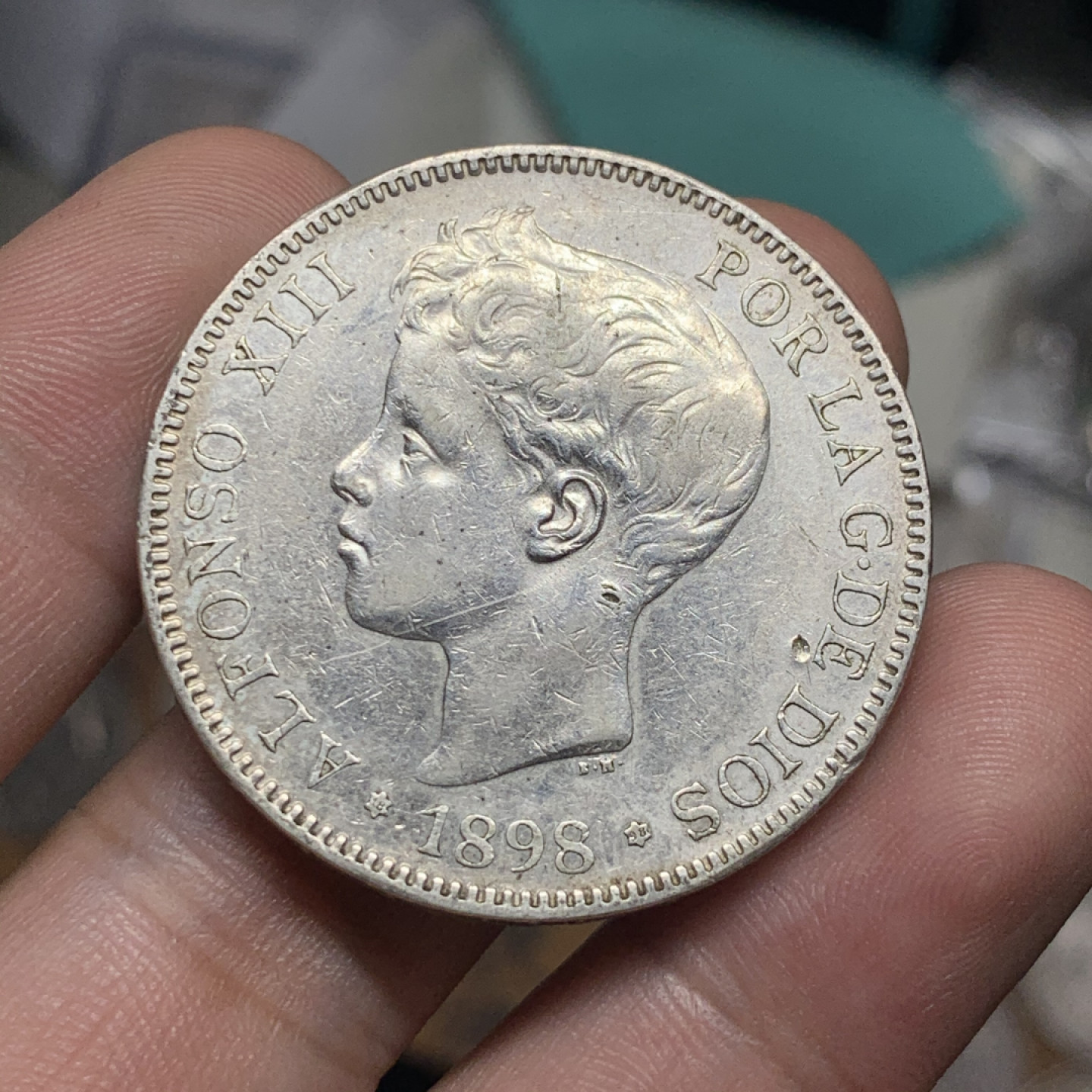 《竞宝斋》钱币微拍-第7场（不限金额顺丰包邮） 西班牙 1898年 阿方索十三世 5比塞塔 大银币 重：24.8g 直径：37.4mm