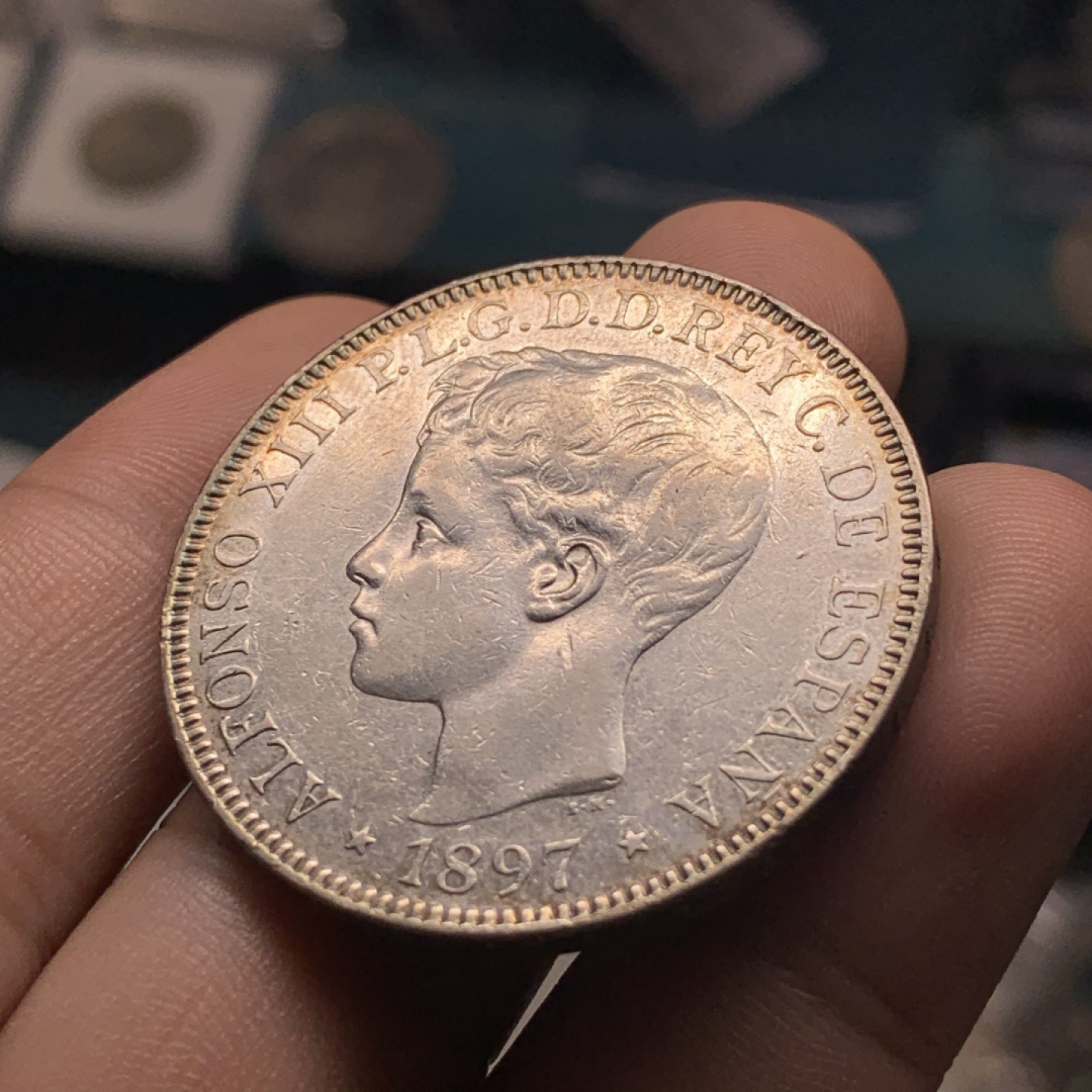 《竞宝斋》钱币微拍-第7场（不限金额顺丰包邮） 稀少 西属 菲律宾 阿方索十三世 1897年 1比索 大银币25g，37.4mm（西属非本土5P可比）