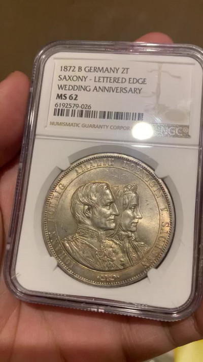 《竞宝斋》钱币微拍-第7场（不限金额顺丰包邮） NGC MS62 德国萨克森 1872年 金婚 2泰勒 大银币 转光原味 少见品种