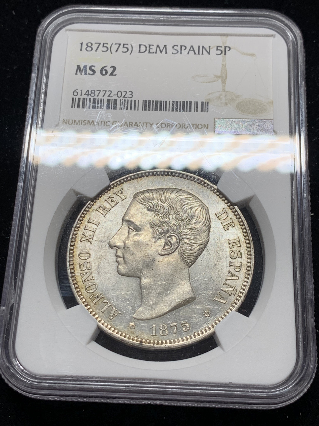 《竞宝斋》钱币微拍-第7场（不限金额顺丰包邮） NGC MS62 西班牙 1875年 5比塞塔 原光银币 此头像好品是除了坐花以外最难找的版, HA近八年MS级只出品过一枚64分(5520美金) , 西属里的难点