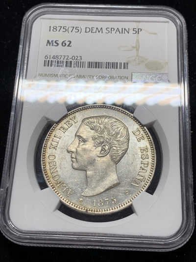 《竞宝斋》钱币微拍-第7场（不限金额顺丰包邮） - NGC MS62 西班牙 1875年 5比塞塔 原光银币 此头像好品是除了坐花以外最难找的版, HA近八年MS级只出品过一枚64分(5520美金) , 西属里的难点