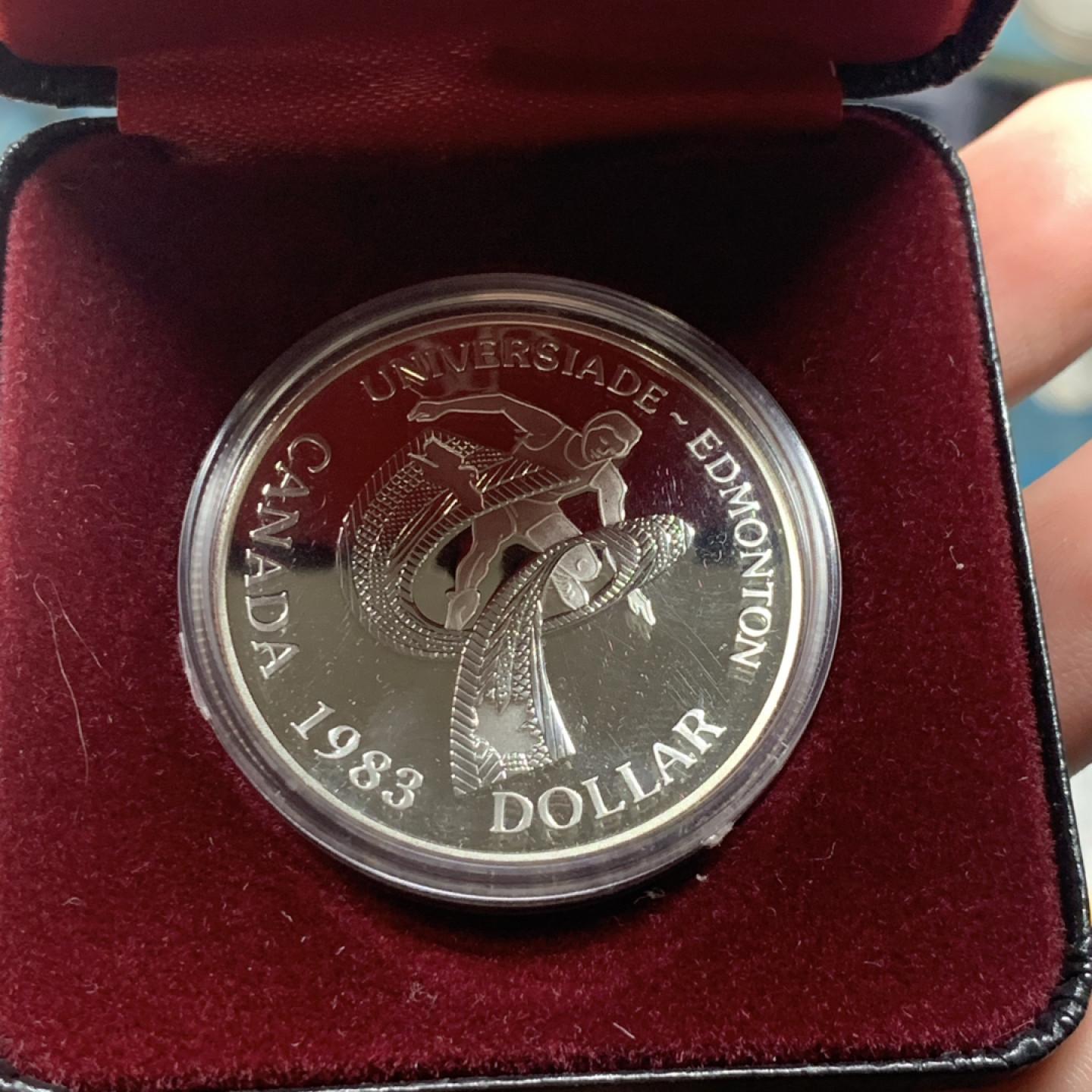 《竞宝斋》钱币微拍-第7场（不限金额顺丰包邮） 加拿大 1983年 埃德蒙顿大运会 一元 精制纪念 银币 原盒