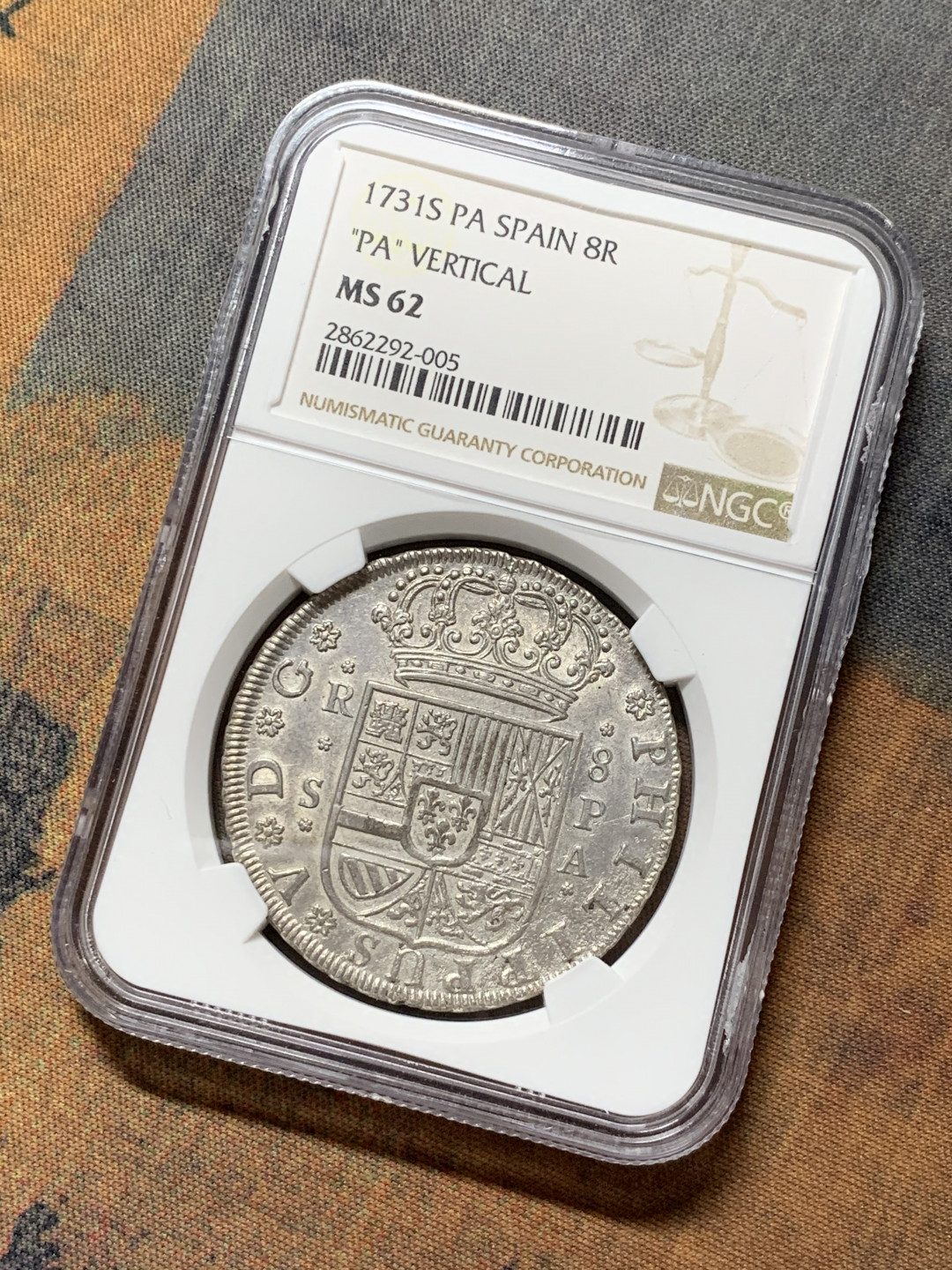 《竞宝斋》钱币微拍-第7场（不限金额顺丰包邮） NGC-MS62 西班牙塞维利亚 1731年 8R 十字大银币 原光美国严评 HA最近十年只查到一枚AU50（1170美金成交）西属重器