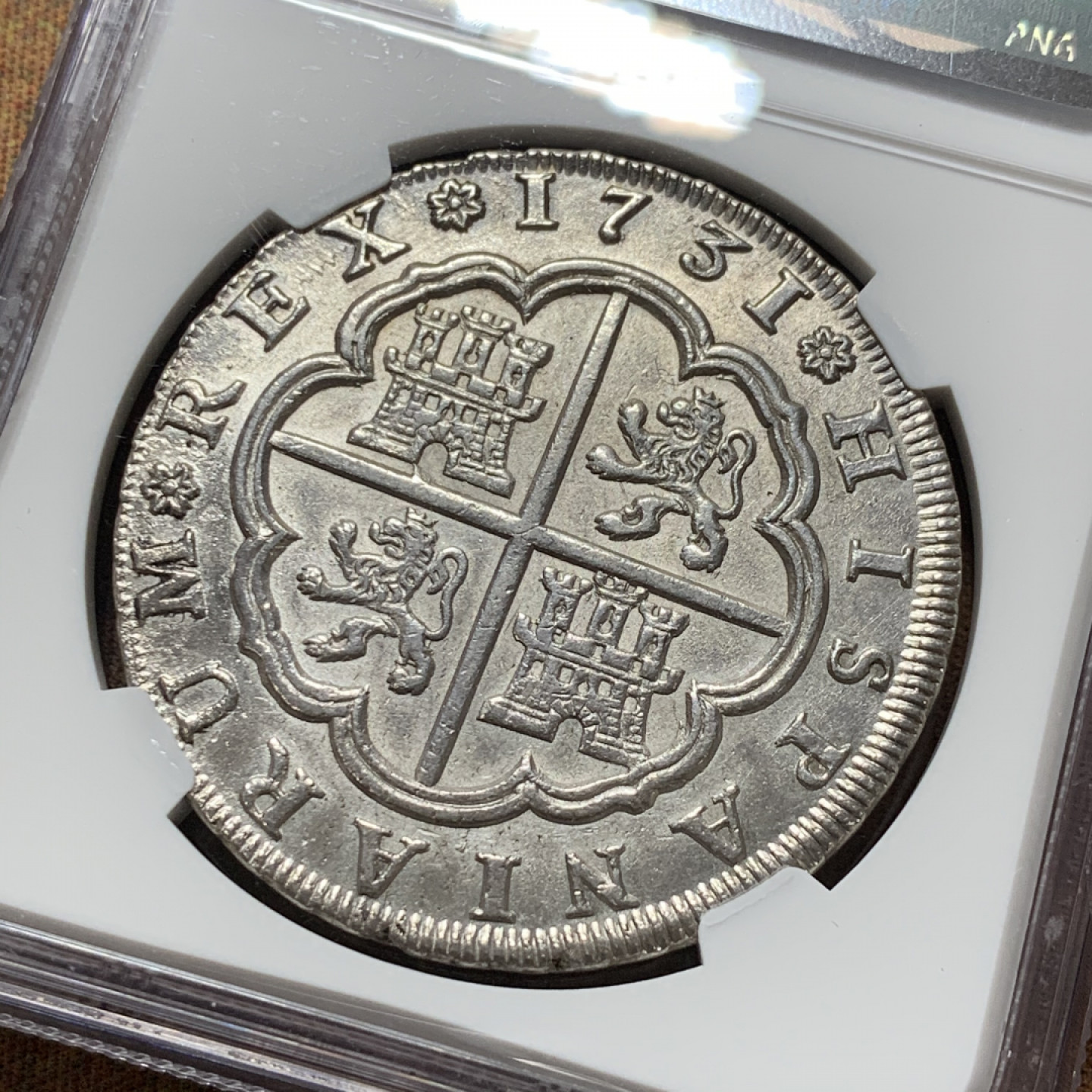 《竞宝斋》钱币微拍-第7场（不限金额顺丰包邮） NGC-MS62 西班牙塞维利亚 1731年 8R 十字大银币 原光美国严评 HA最近十年只查到一枚AU50（1170美金成交）西属重器