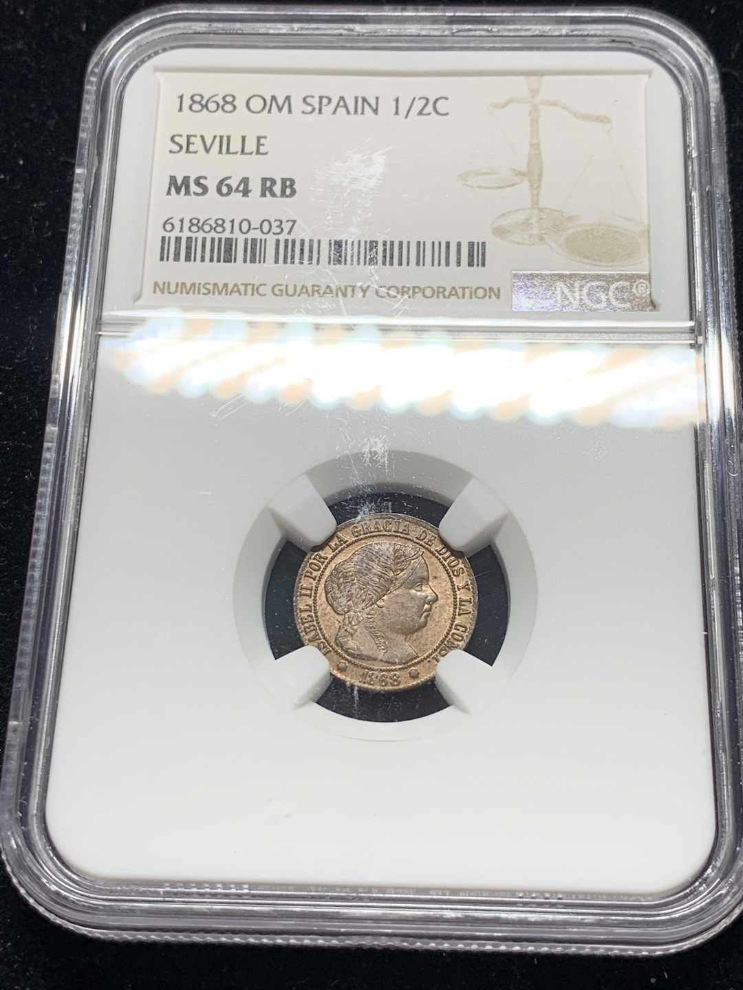 《竞宝斋》钱币微拍-第7场（不限金额顺丰包邮） 冠军--- NGC MS64 西班牙 1868年 猪妹妹 1/2分 塞维利亚厂造 铜币 