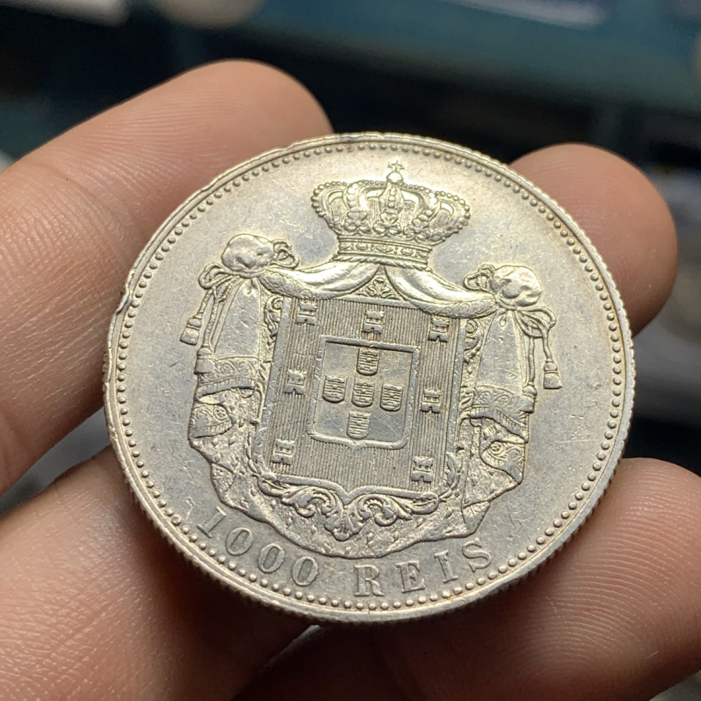 《竞宝斋》钱币微拍-第7场（不限金额顺丰包邮） 好品相 1899 葡萄牙卡洛斯一世 1000 瑞斯大银币 24.7g，37.4mm