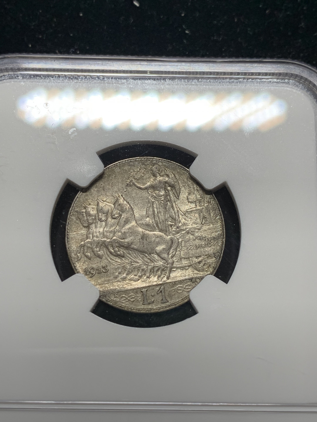 《竞宝斋》钱币微拍-第7场（不限金额顺丰包邮） NGC MS62 意大利 1913年 圈版 胜利马车 1里拉 银币 此版好品比无圈的要稀少很多很多