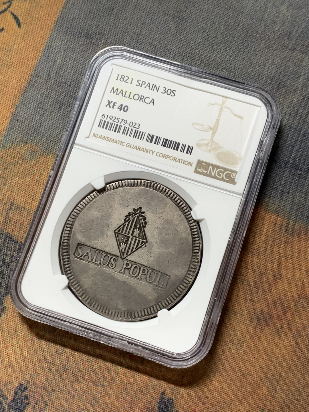 《竞宝斋》钱币微拍-第7场（不限金额顺丰包邮） NGC XF40 西班牙马约卡 1821年 围城币 30S 经典传世包浆 非常难得 （围城币出分太难了）