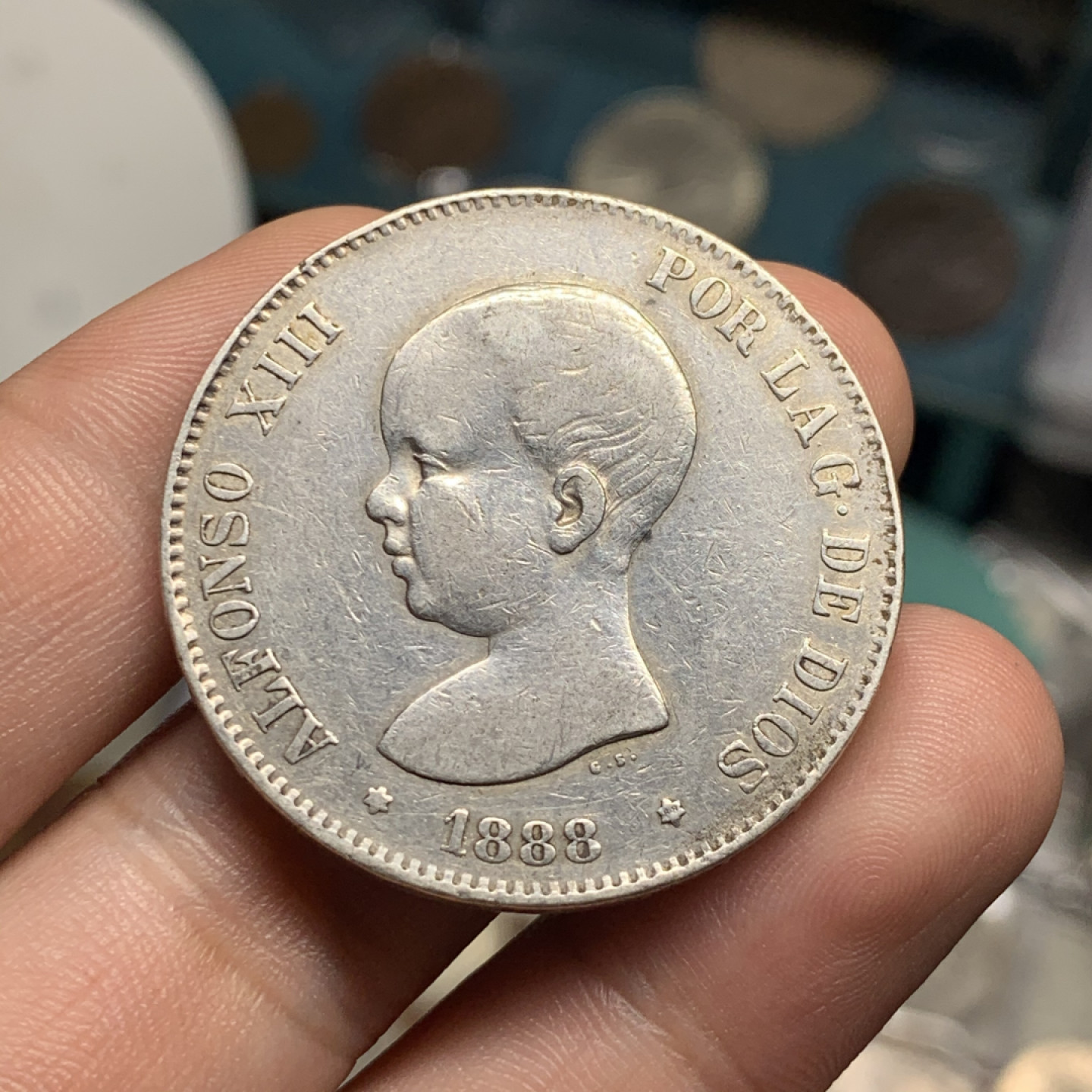《竞宝斋》钱币微拍-第7场（不限金额顺丰包邮） 西班牙 1888年 阿方索十三世 5比塞塔 大银币 重：24.8g 直径：37.4mm